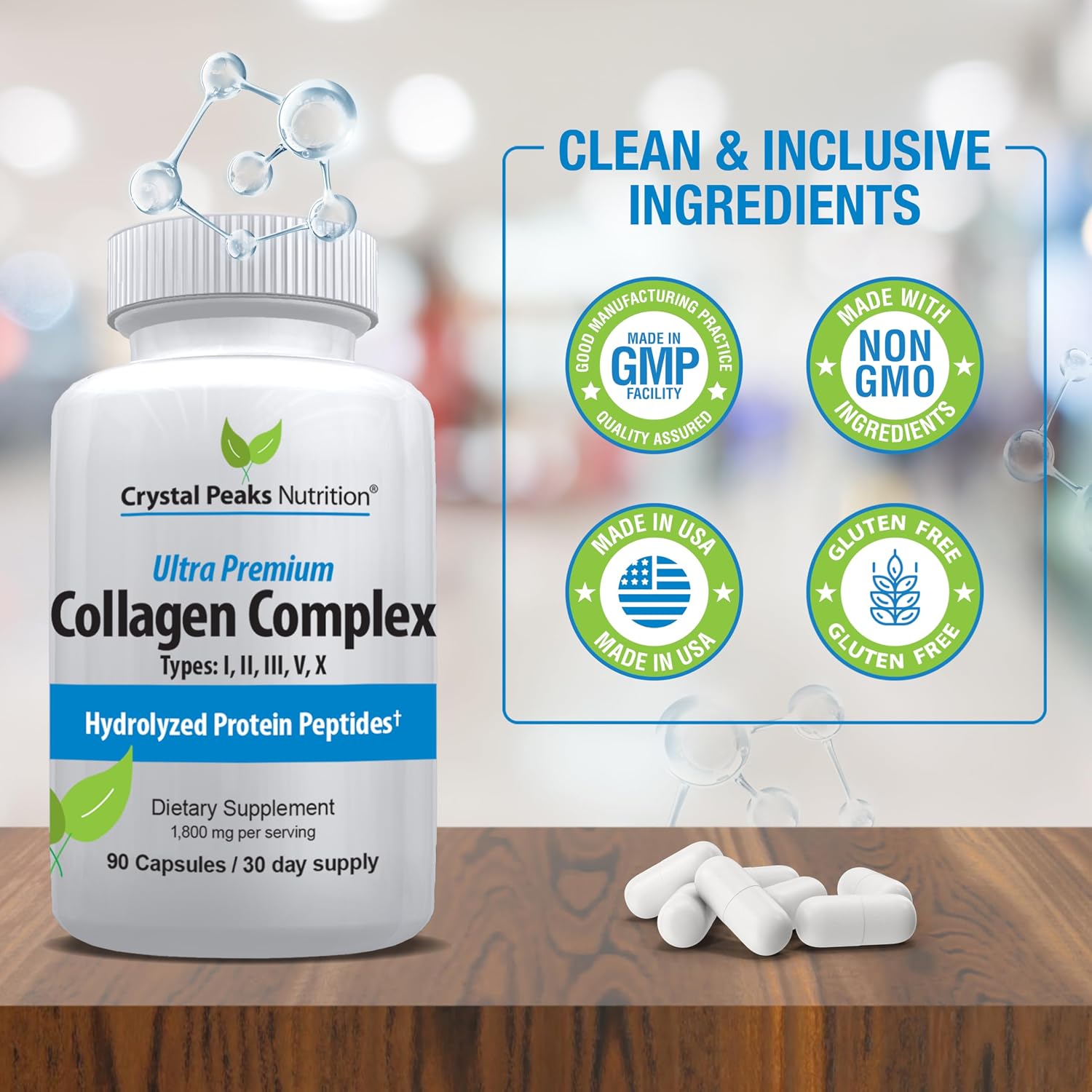 Collagen Peptide Pill - Types I, II, III, V, X - Anti-Aging - Premium Collagen Supplements & Collagen Pills - Hydrolyzed Protein Pills for Women & Men 1800 mg for Youthful Skin
