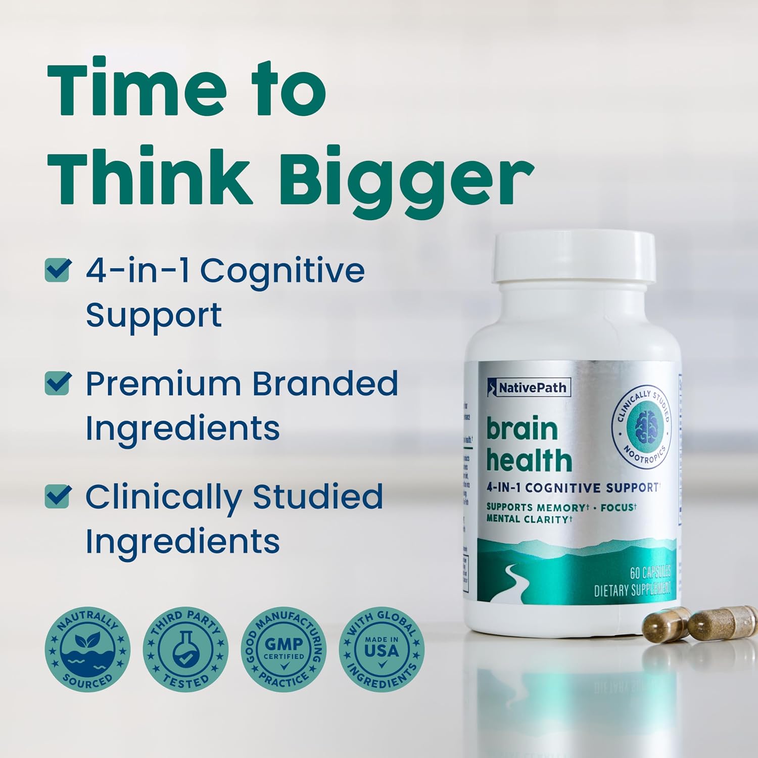 NativePath Brain Health Nootropic, Bacopa & Alpha GPC, 30 Servings | Ginkgo & CoffeeBerry, Supports Memory, Focus & Mental Clarity, Standardized Branded Actives