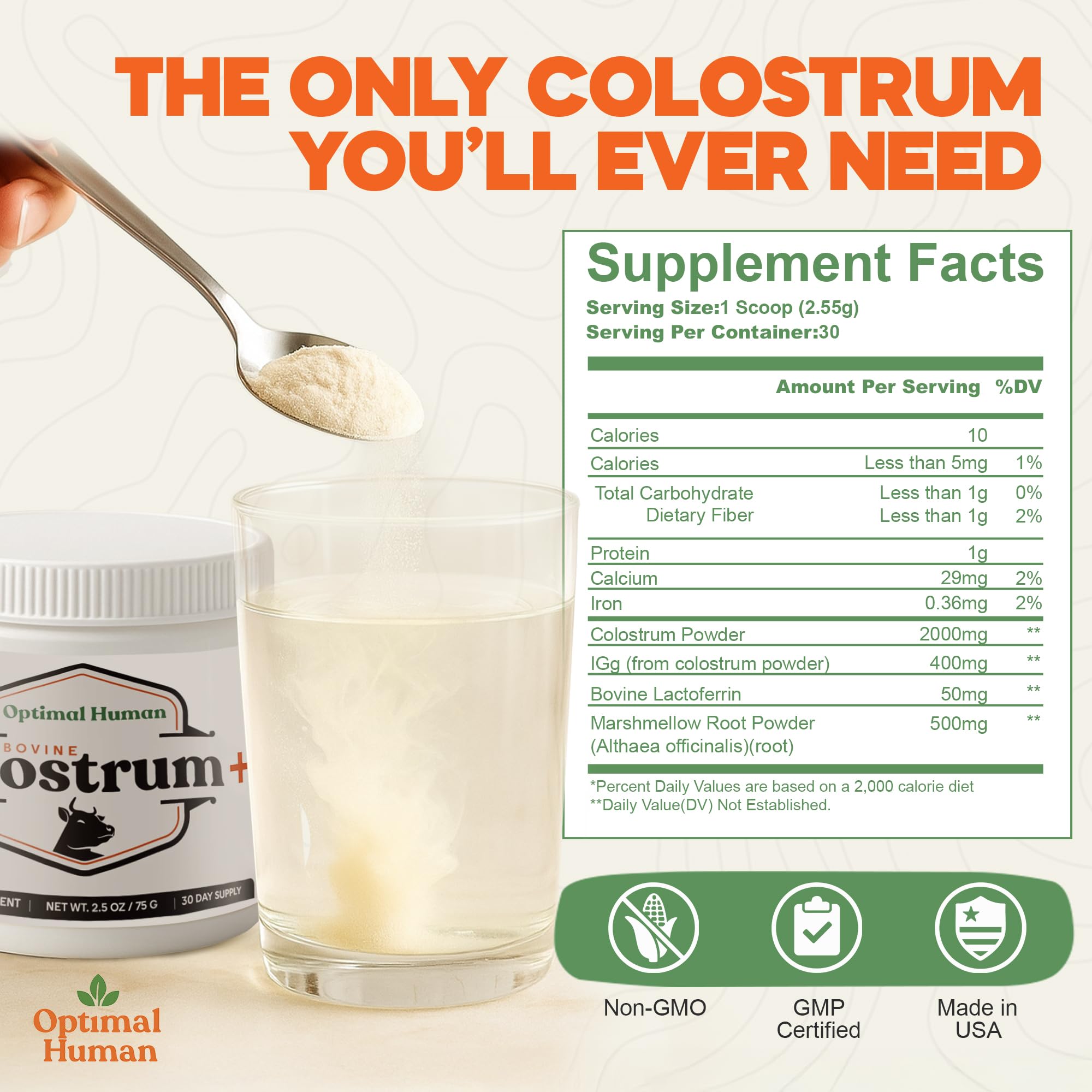 O H Optimal Human Bovine Colostrum Powder with Marshmallow Root – Gut & Immune Support Colostrum Supplement Capsules with IgG & Protein – Non-GMO, GMP Certified, Made in USA – Unflavored 30 Servings O H buy supplements Au