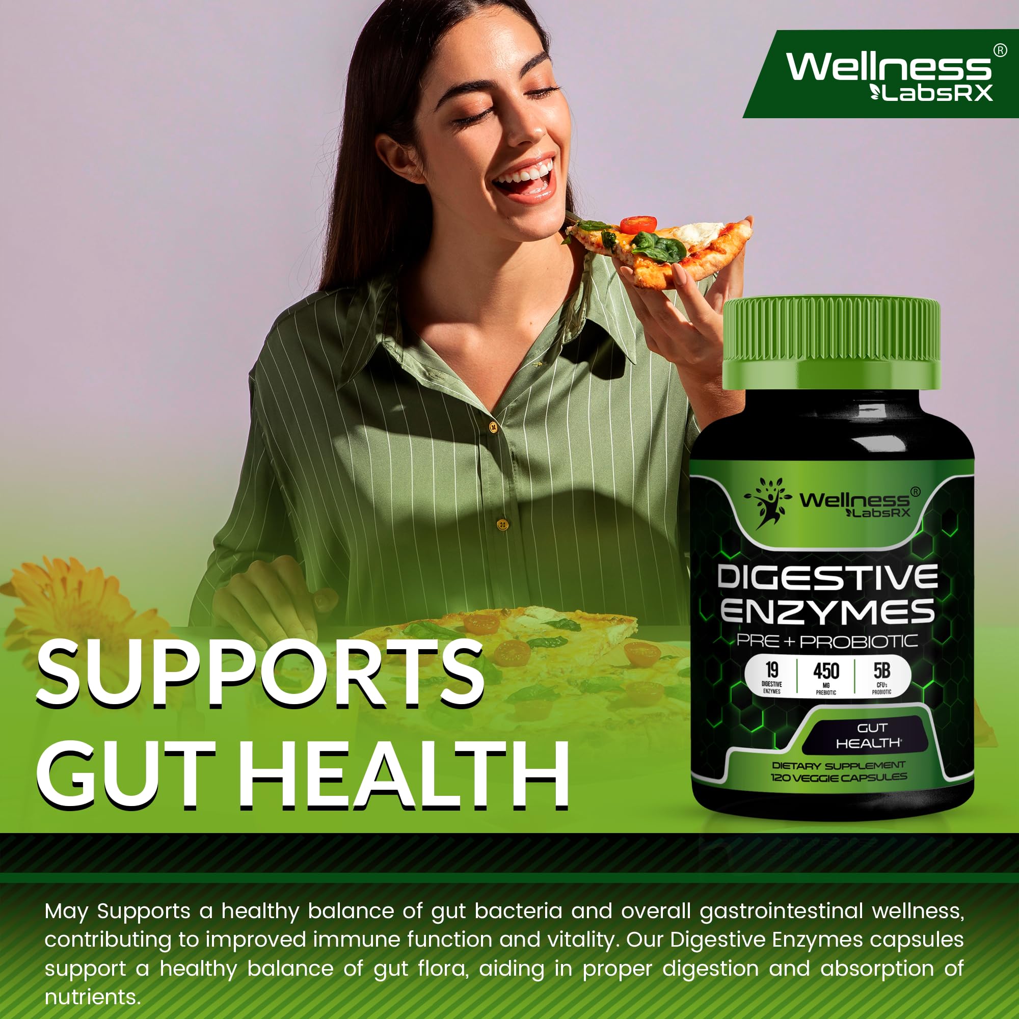 Digestive Enzymes with Probiotics and Prebiotics, 450mg, 5 Billion CFUs - Pure Super Digestion Capsules - Digestive Enzymes for Women & Men Support Digestion & Gut Health - 120 Count
