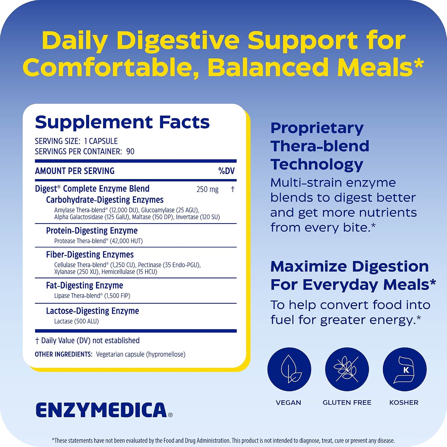Enzymedica Digest Complete - Helps Gas & Bloating - 90 Caps