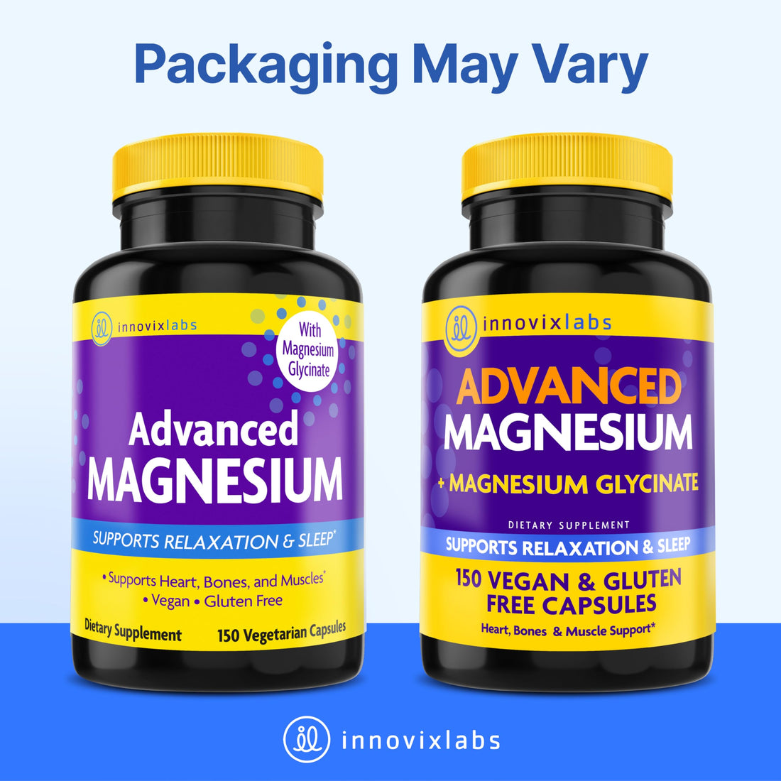 Supplement bottle labeled 'Advanced Magnesium with Glycinate' by InnovixLabs on a white background.