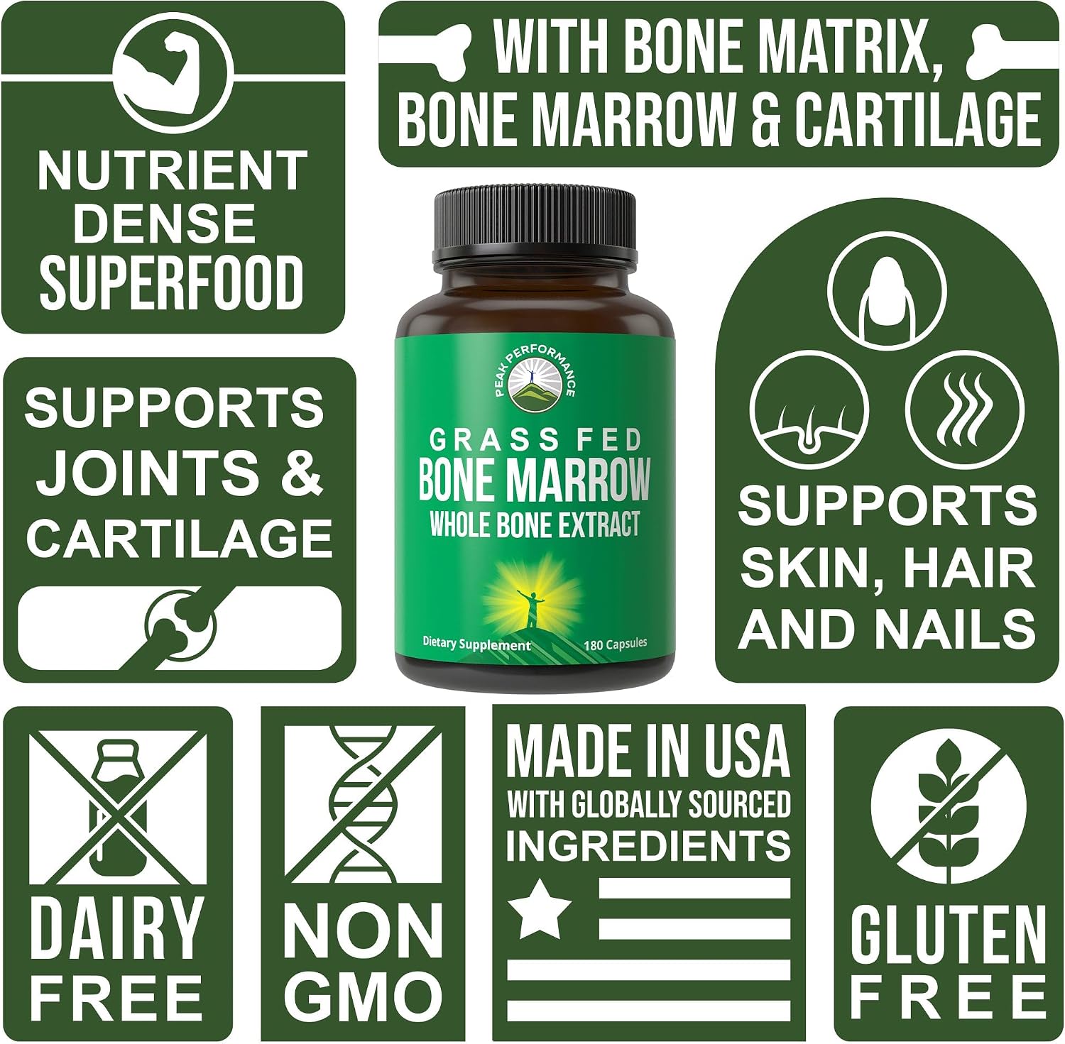 Peak Performance Grass Fed Bone Marrow - Whole Extract Supplement 180 Capsules - Superfood Pills Rich in Collagen, Vitamins, and Amino Acids - from Matrix Cartilage - Ancestral Tablets