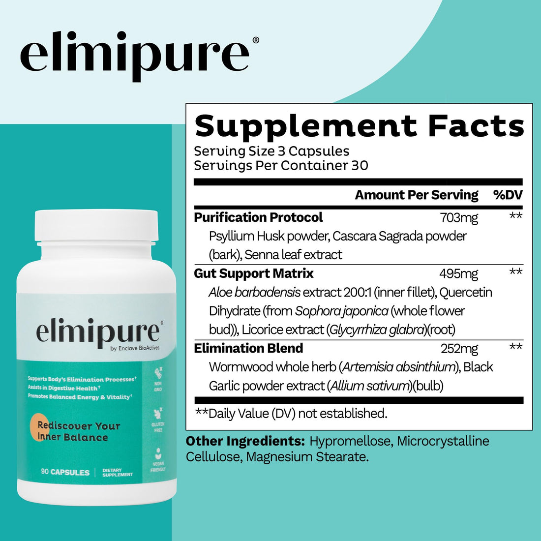 Elimipure supplement bottle with capsules on a white background