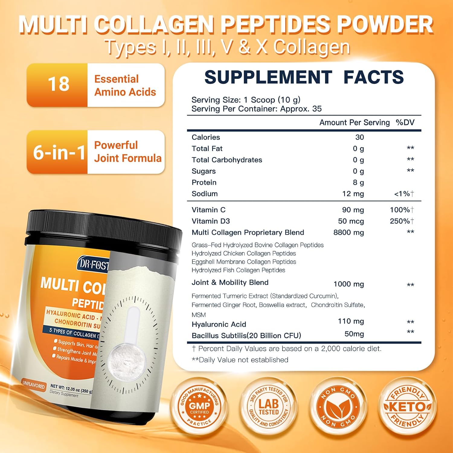 DRFOSTER Multi Collagen Peptides for Women with MSM, CS & D3, 35 Servings | Type I, II, III, V, and X Hydrolyzed Collagen with Vitamin C and Hyaluronic Acid for Skin, Hair, and Joints