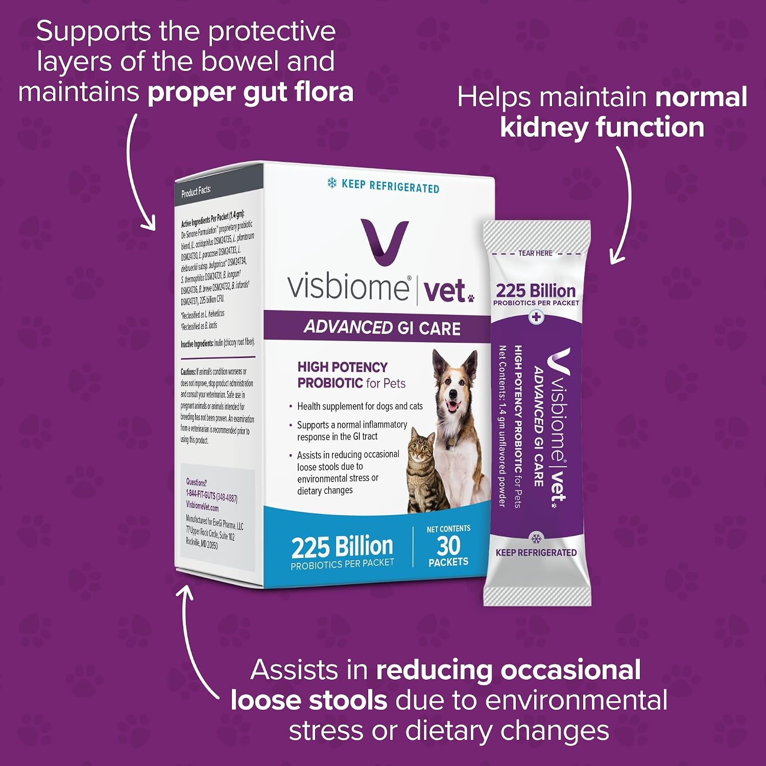 Visbiome® Vet Advanced GI Care Probiotic for Dogs & Cats, 225B CFU, 30 ct | Veterinarian Recommended, De Simone Formulation®, Multi-Strain, Refrigerated Probiotics, Weight-Based Dosing, Made in USA