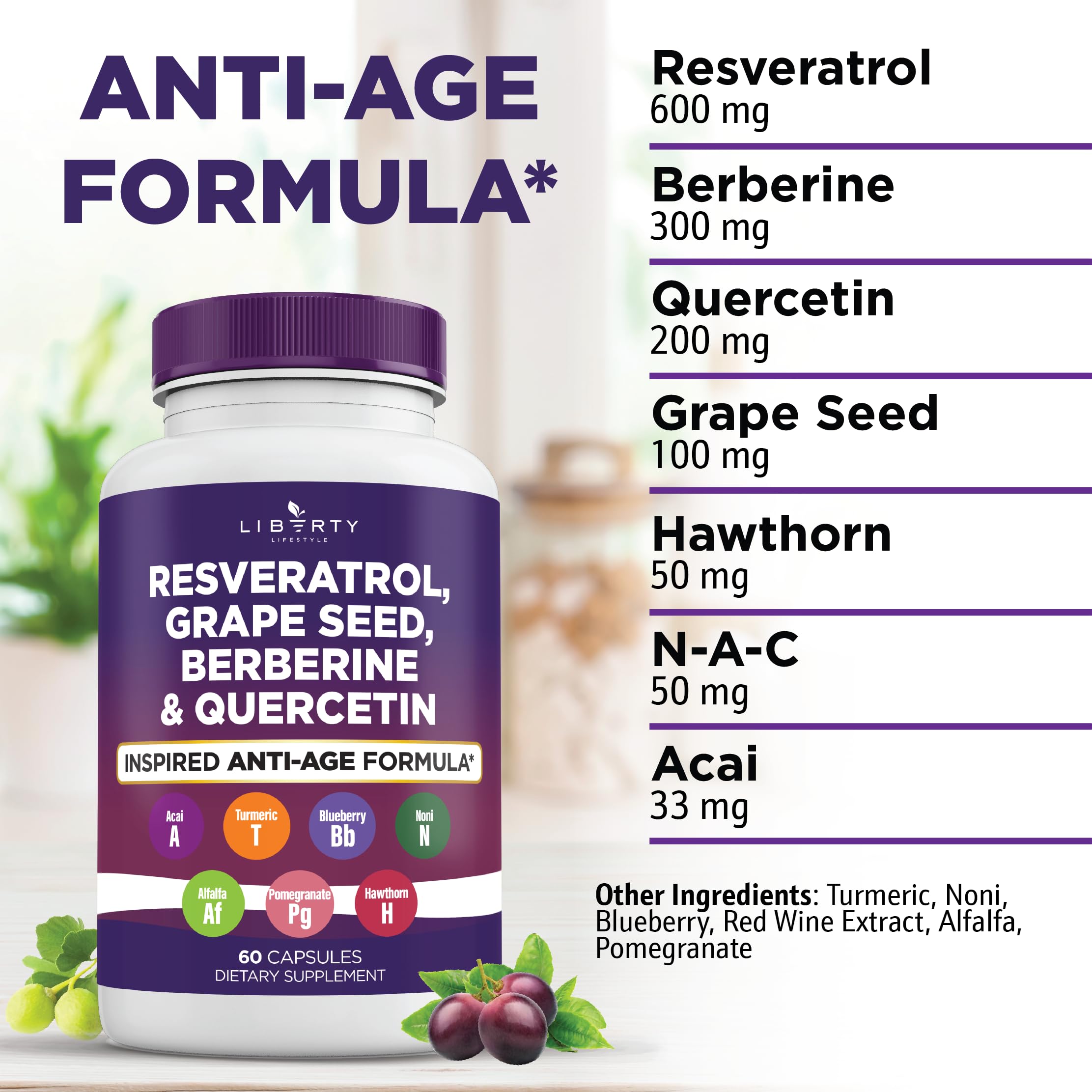 Liberty Lifestyle Resveratrol, Berberine, Grape Seed Extract, Quercetin, Polyphenol Supplement for Women and Men with Noni Extract, N-Acetyl Cysteine, Acai Extract - 2-Pack