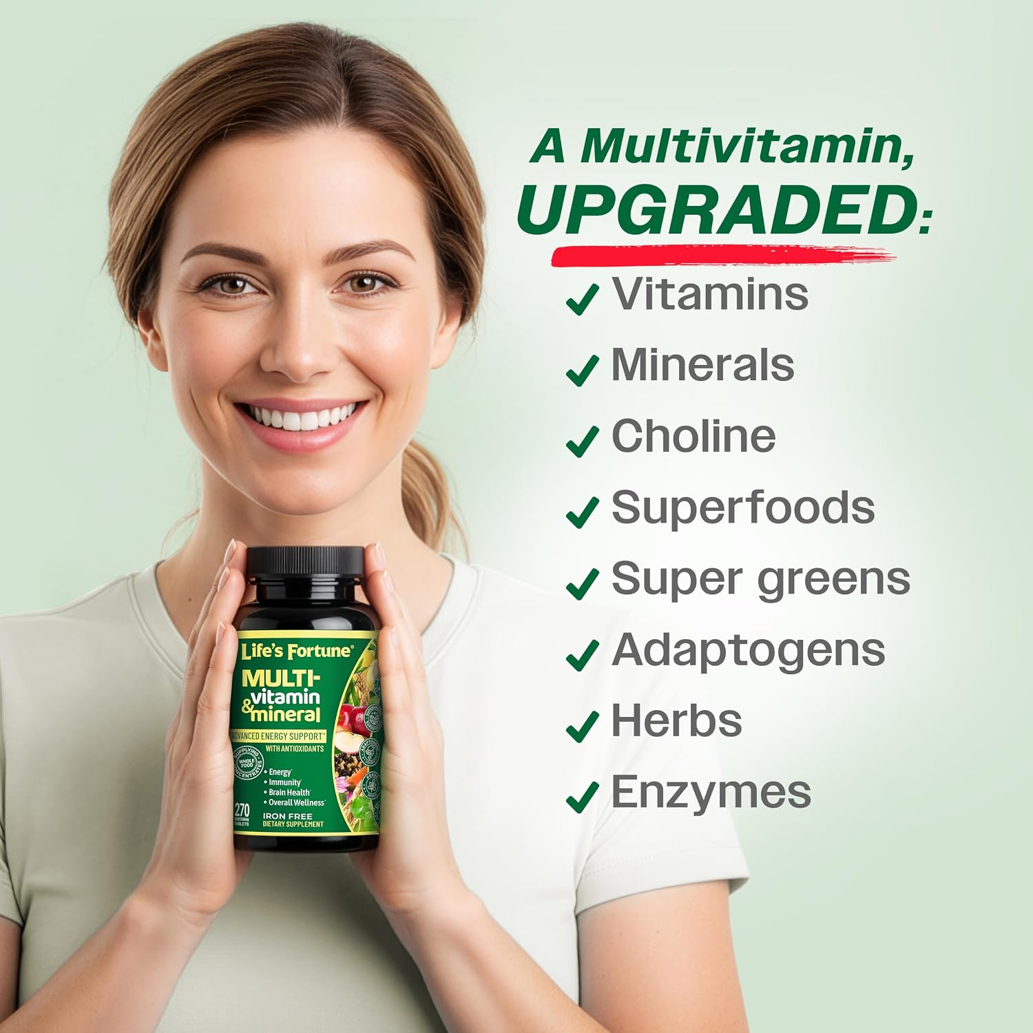 Life's Fortune Whole Food Multivitamin & Mineral Supplement for Men & Women – Energy Support Vitamins for Immune, Brain & Metabolism Support – Iron Free, 270 Vegetarian Tablets