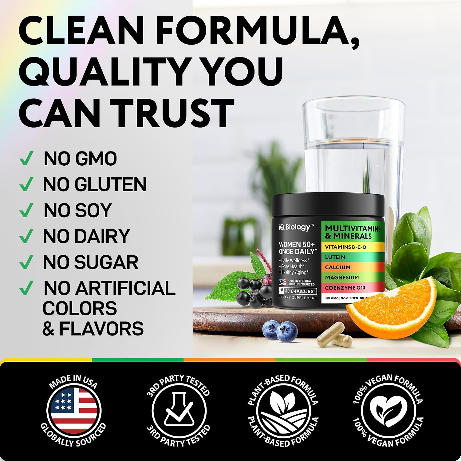 Multivitamin for Women 50 and Over - Once Daily Womens Multivitamin with Lutein & CoQ10 - Vegan, Iron Free Vitamins for Women 50 Plus - Daily Wellness, Bone & Immune Support - USA Made - 60 Capsules