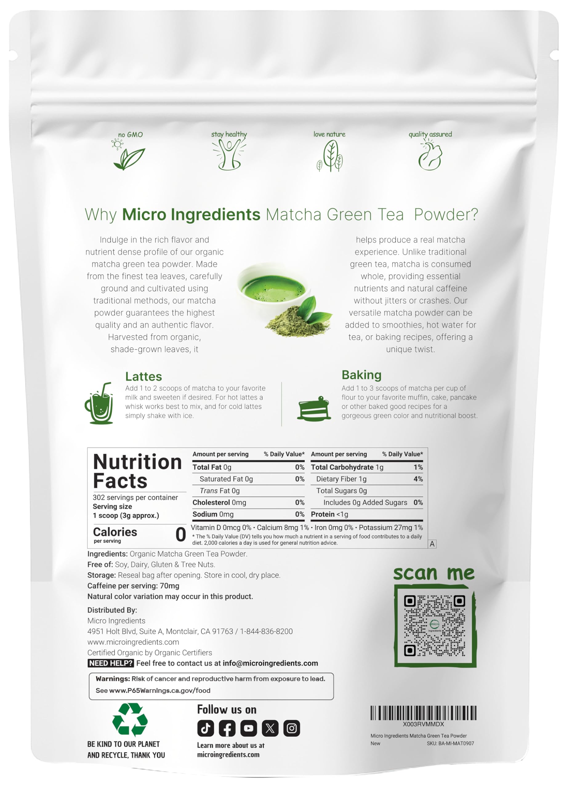Micro Ingredients Organic Matcha Green Tea Powder, First Harvest, Culinary Grade from Japan, 100% Pure & Unflavored, Great for Tea, Latte, & Smoothies, Non-GMO, No Sugar, Eco-Friendly Packaging, 1 Lb
