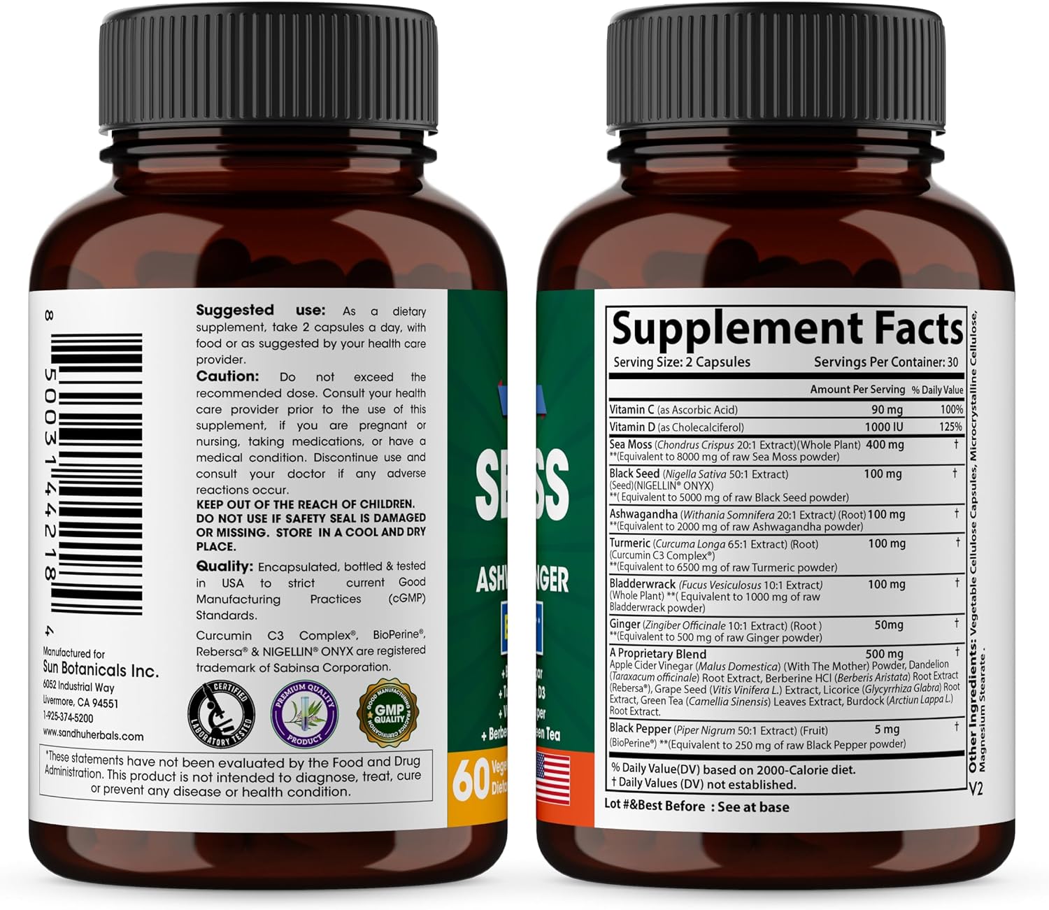 Sandhu Herbals Zinc 50mg & Sea Moss Black Seed Oil Ashwagandha Ginger Burdock Root Supplement for Men & Women| Made in USA