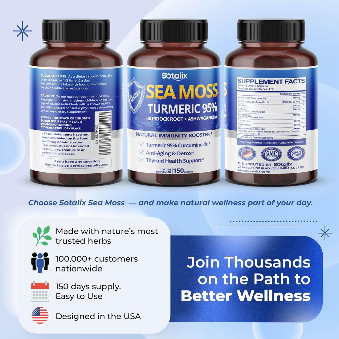 Sea Moss supplement bottle with blue label and Sotalix branding on a white background