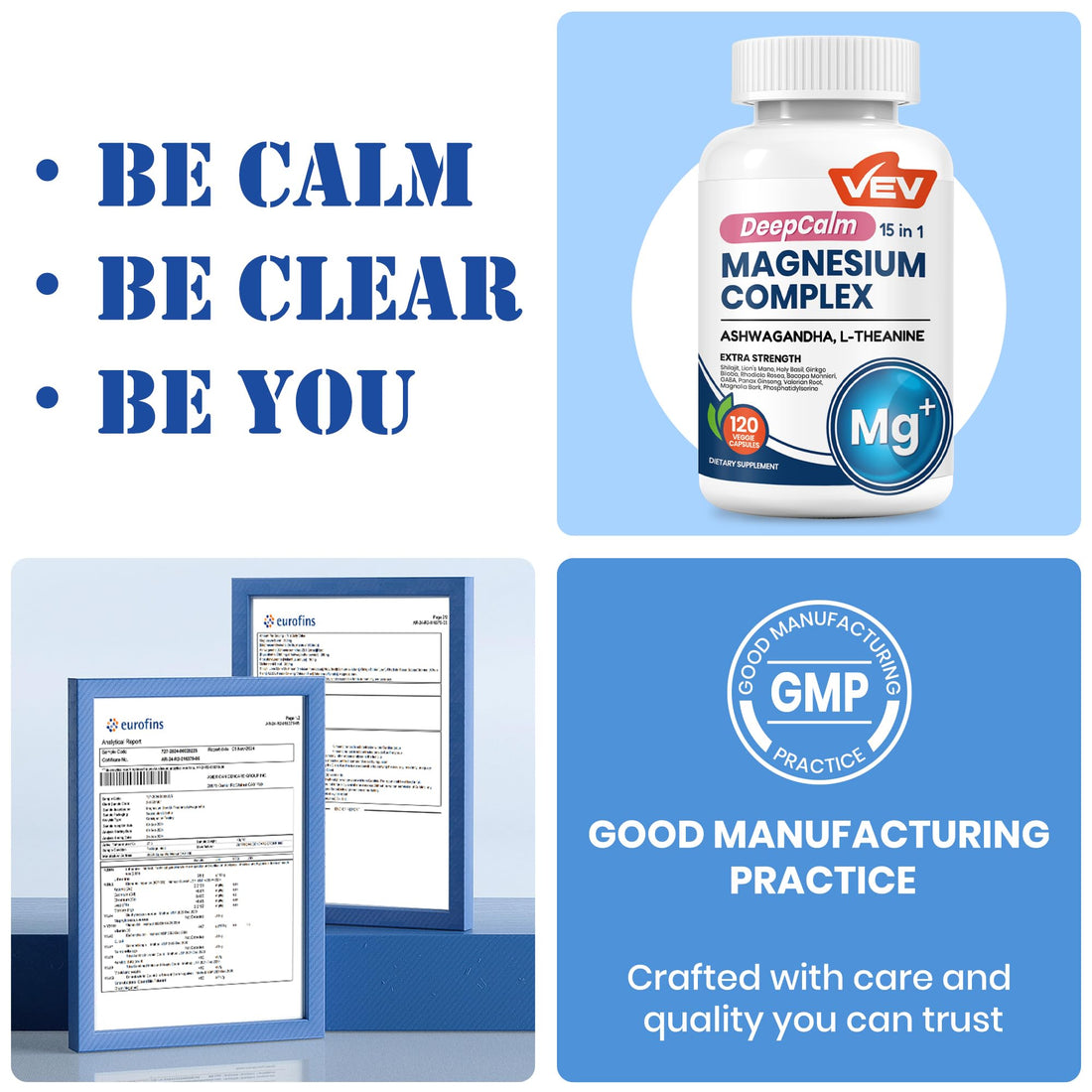 Supplement bottle labeled 'DeepCalm Magnesium Complex' with VEV branding on a white background