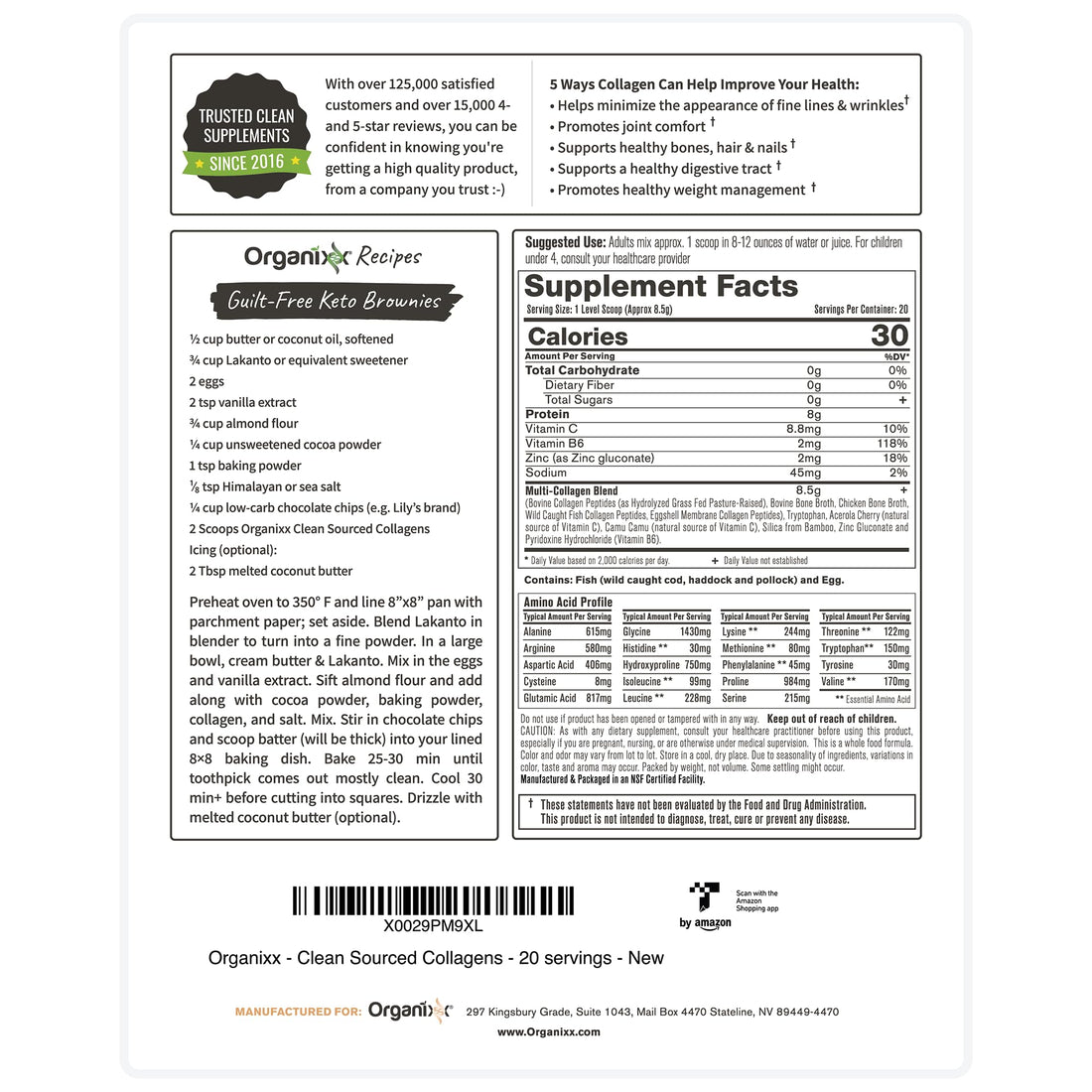 Organixx Clean Sourced Collagen Peptides Powder with Vitamin C, Types I, II, III, V, X Hydrolyzed Collagen, Hair, Nail, Skin, Bone & Joint Health, Aging Support, Gluten Free, Unflavored, 20 Servings OrganixxBuy Supplements Australia