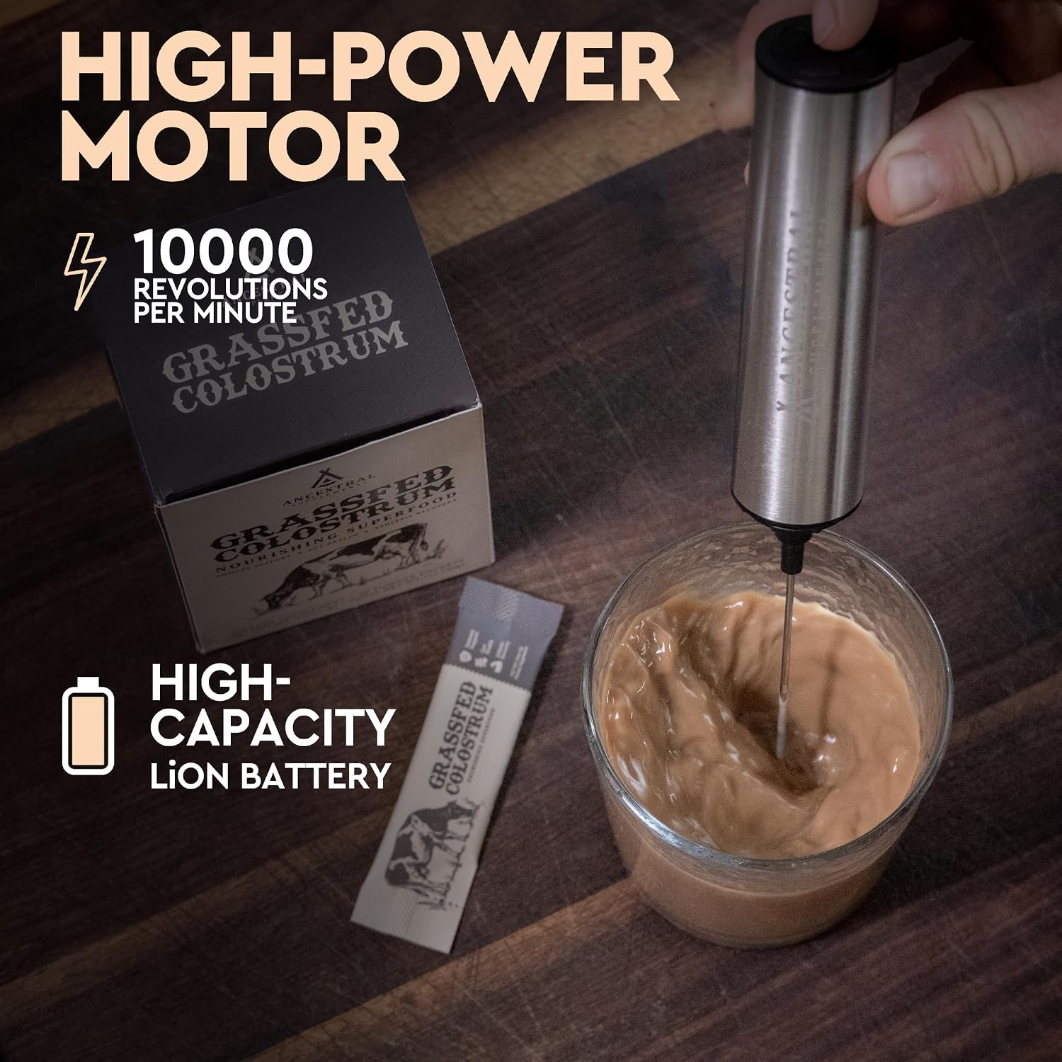 Ancestral Supplements Rechargeable Electric Frother Wand, Stainless Steel | Handheld milk frother and electric whisk for coffee, matcha latte and protein shakes. Fast, easy frothing.
