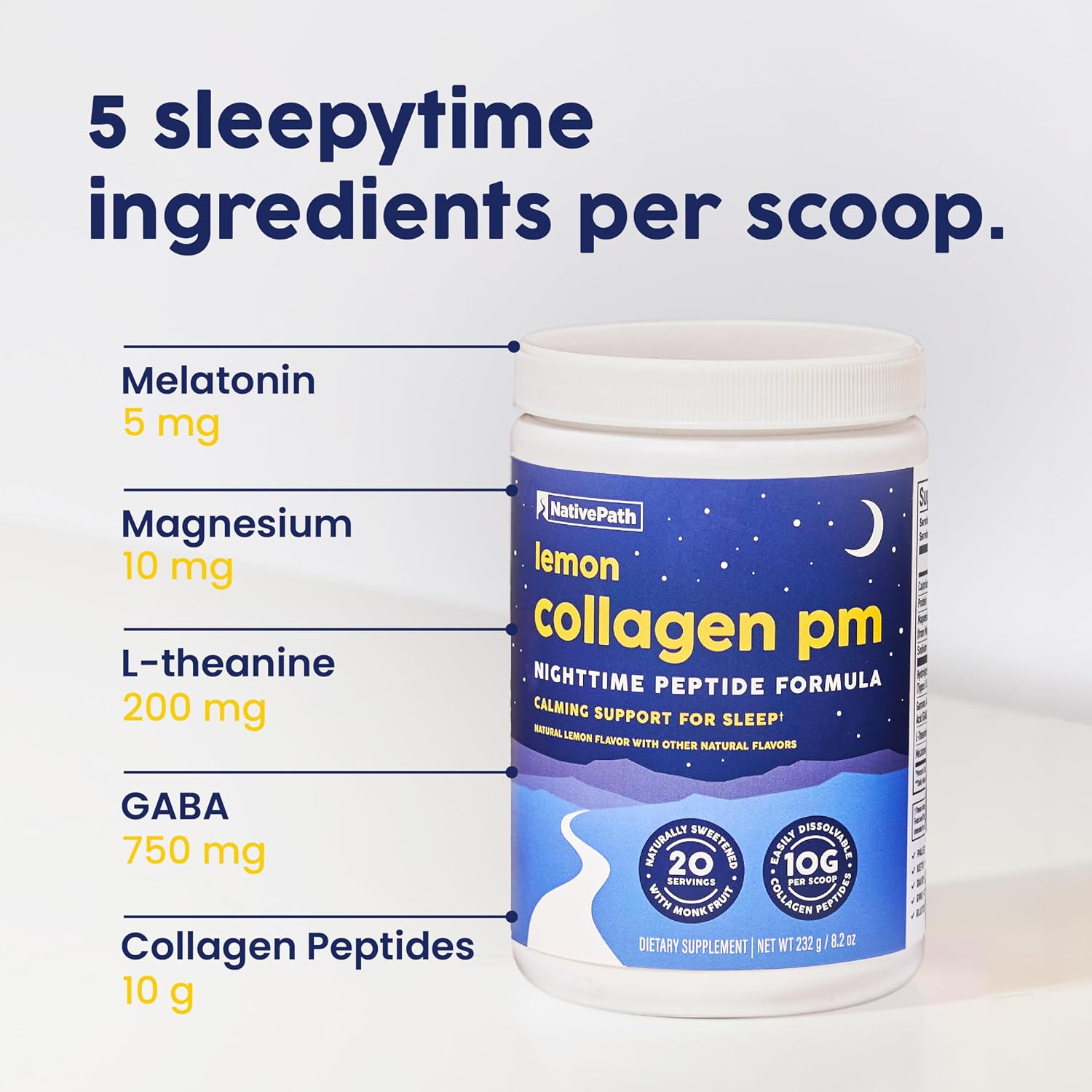 NativePath Collagen PM Lemon with Melatonin, 20 Servings | 10g Grass-Fed Peptides, Magnesium, GABA & L-Theanine, Supports Restful Sleep, Skin & Hair, No Added Sugar