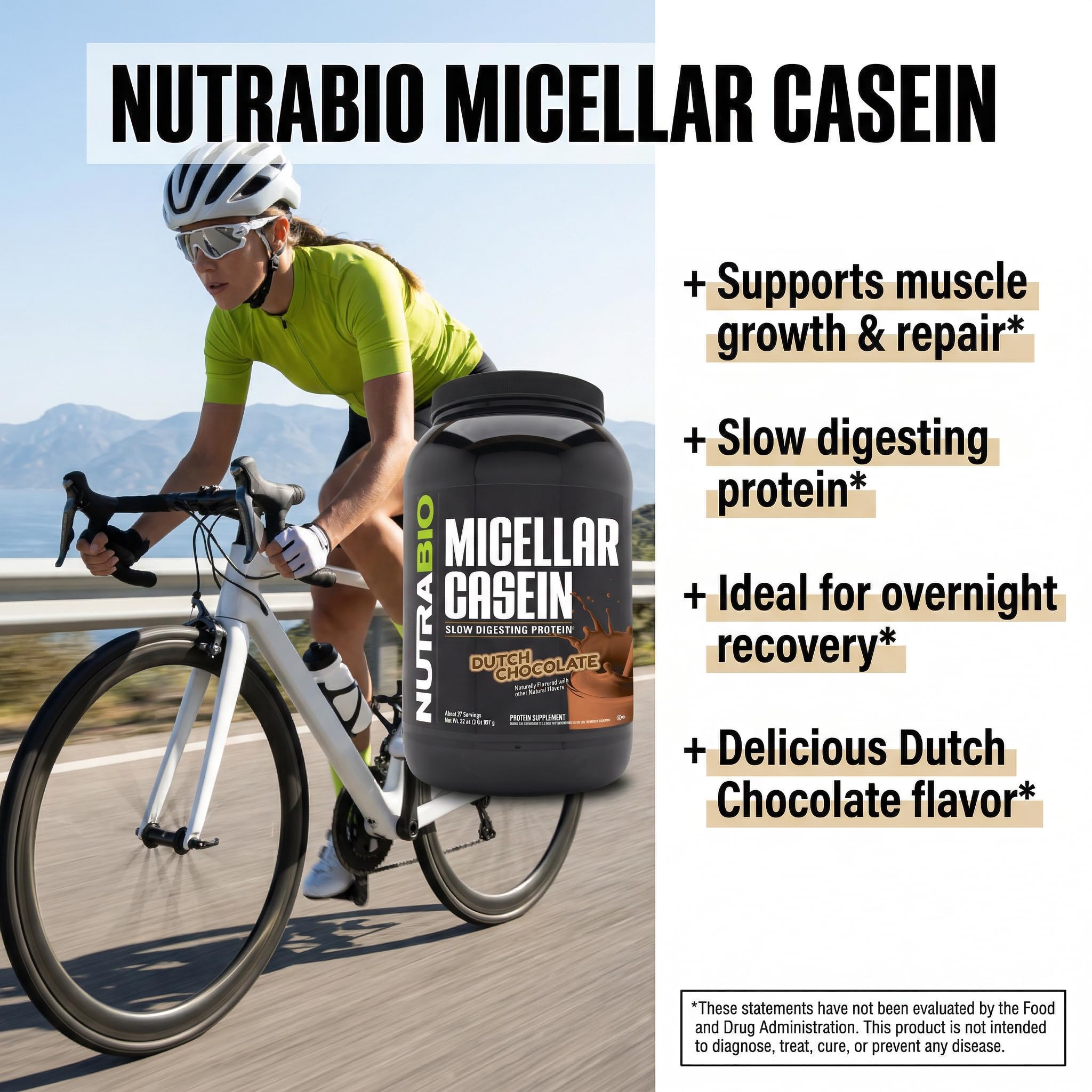 NutraBio Casein Protein Powder, Micellar Casien Powder, 25g Slow Digesting Protein, Helps Keep You Full, Overnight Muscle Recovery & Growth, BCAA & EAA, Gluten Free, Soy Free, 2lb Strawberry Ice Cream