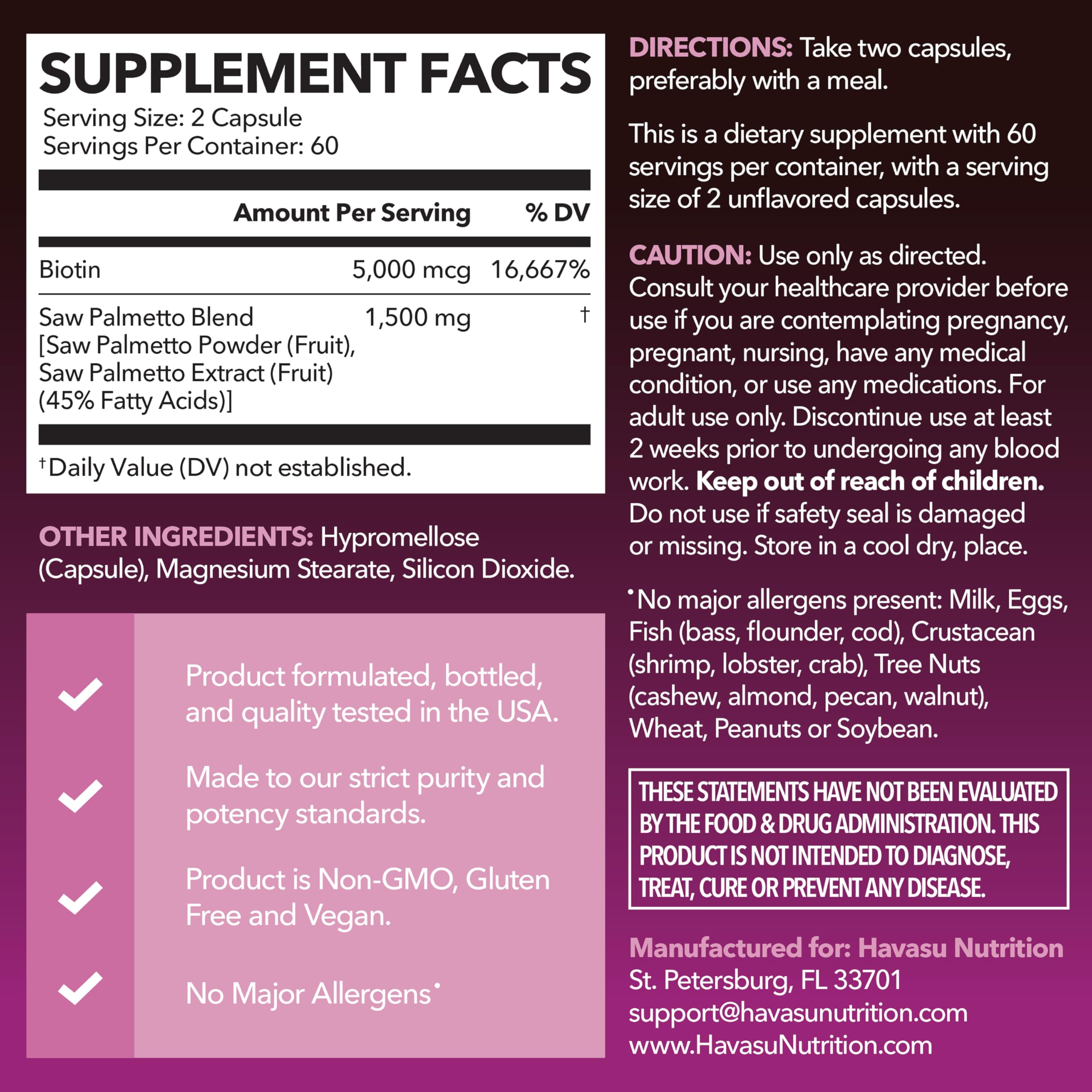 Saw Palmetto for Women with Bitoin 5000mcg Per Serving, 30-Day Supply | Vegan, Non-GMO DHT Blocker for Women for Hair, Skin and Nails, Saw Palmetto Extract with Biotin for Thicker Looking Hair