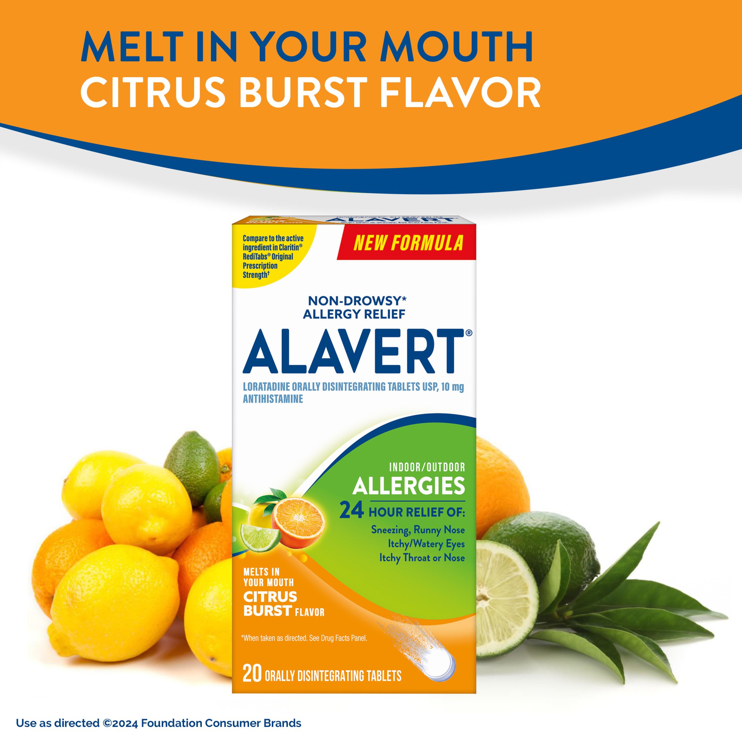 Alavert 24 Hour Allergy Relief Tablets, Non-Drowsy Antihistamine, Orally Disintegrating Allergy Tablets, Loratadine 10 mg, Citrus Burst Flavor, 18 Count