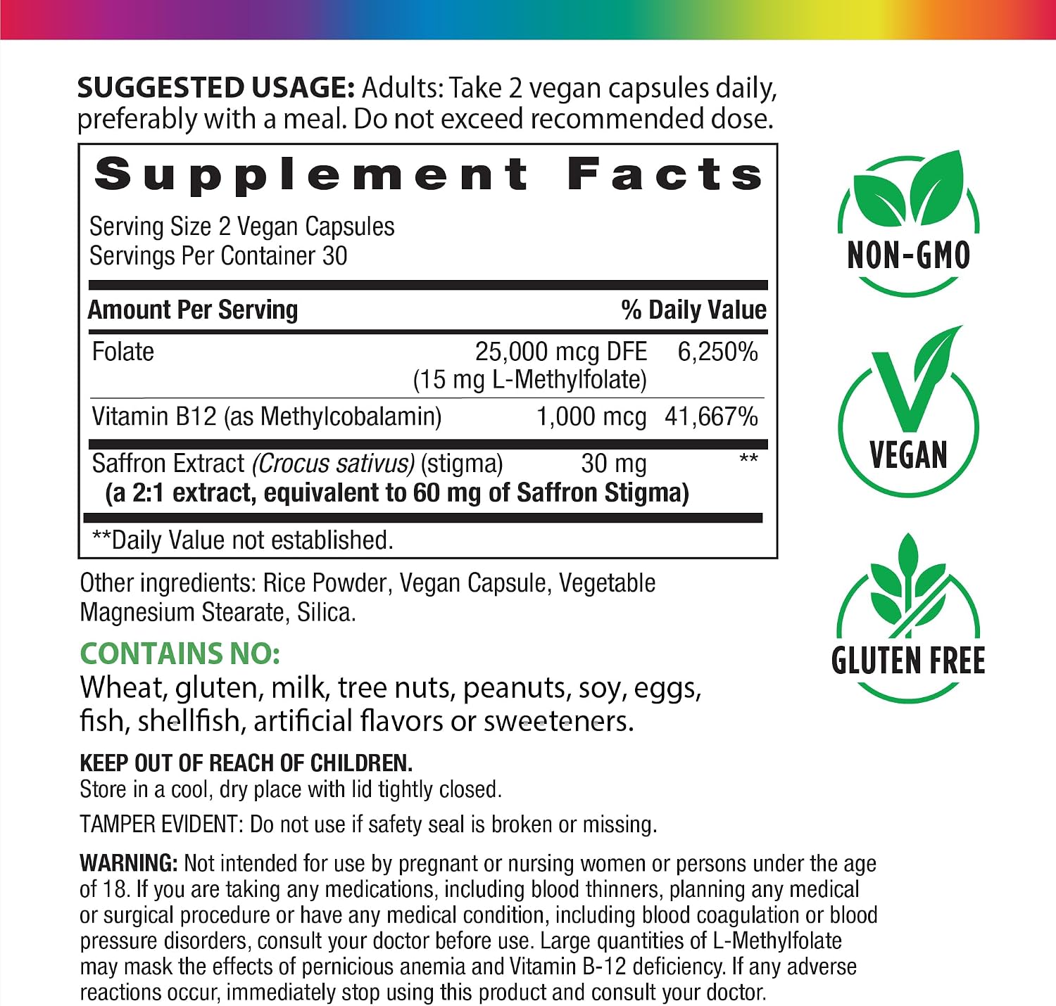 Rainbow Light L-Methylfolate 15 mg with Methyl B12 | 60 Capsules | Plus Saffron Extract | Helps Maintain a Positive Mood | Vegan, Non-GMO and Gluten Free Supplement