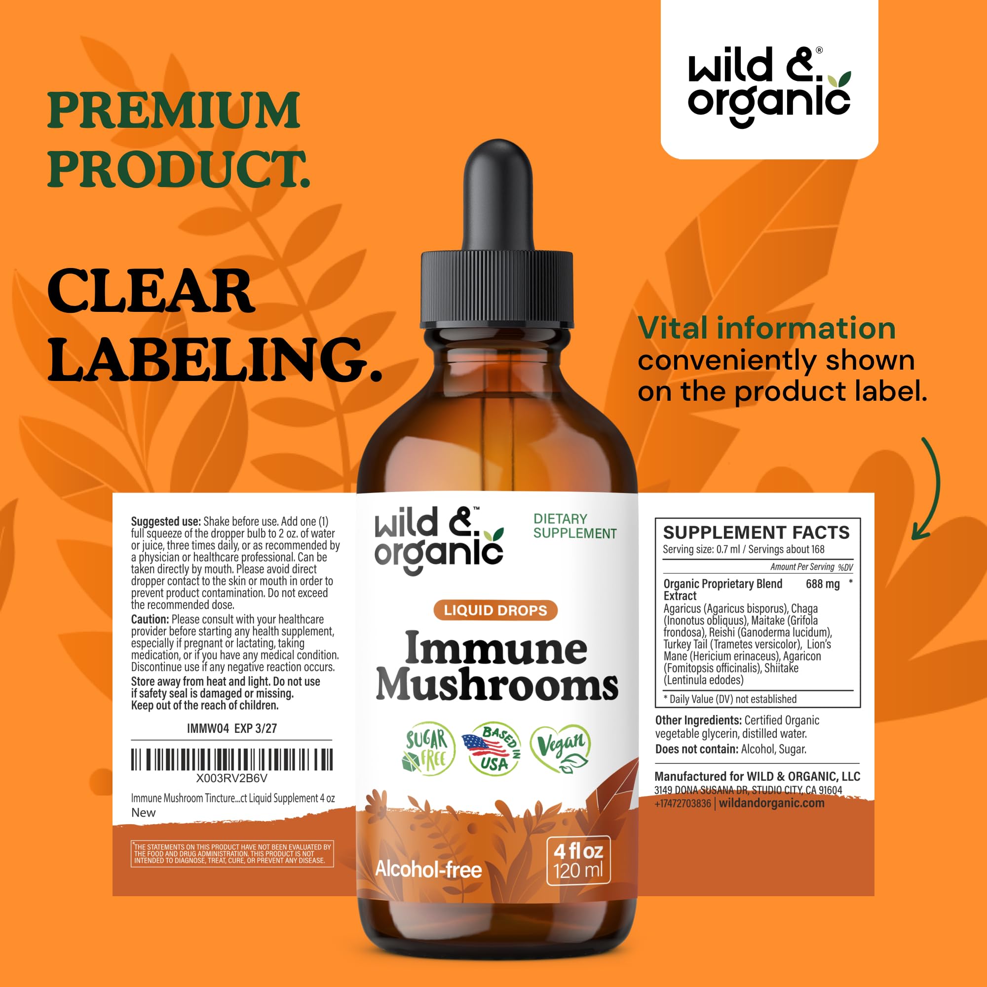 Wild & Organic Immune Mushroom Tincture - 8-in-1 Immune Support with Chaga, Reishi, Turkey Tail, Lion’s Mane, Maitake Extract - Liquid Mushroom Supplement - Vegan, Sugar & Alcohol-Free Drops - 4 oz