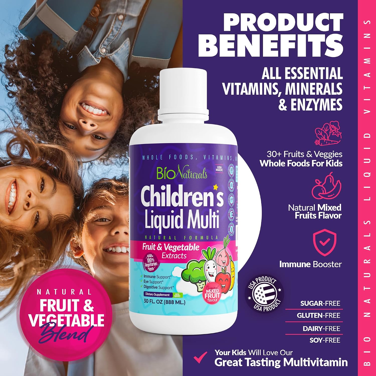 Children's Liquid Multivitamin & Immune Booster - Natural Supplement for Kids & Toddlers with Vitamins A B C D3 E, Fiber, Fruits & Vegetables - No Gluten, Sugar, Dairy, Soy - 30 oz