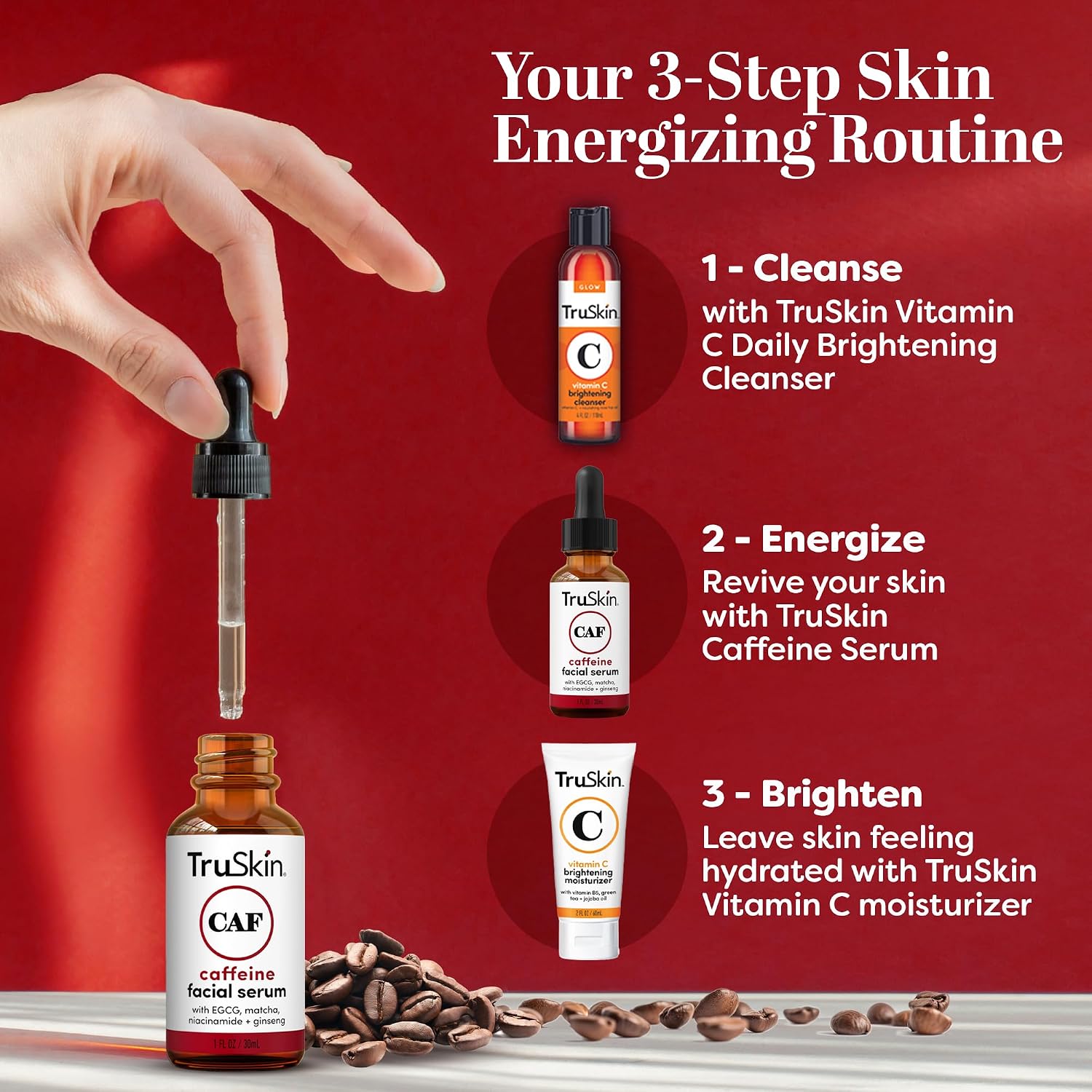 TruSkin Caffeine Face & Eye Serum for Dark Circles & Puffiness, 1 fl oz | With 5% Caffeine, EGCG, Niacinamide, Matcha & Ginseng to visibly refresh and energize tired-looking eyes