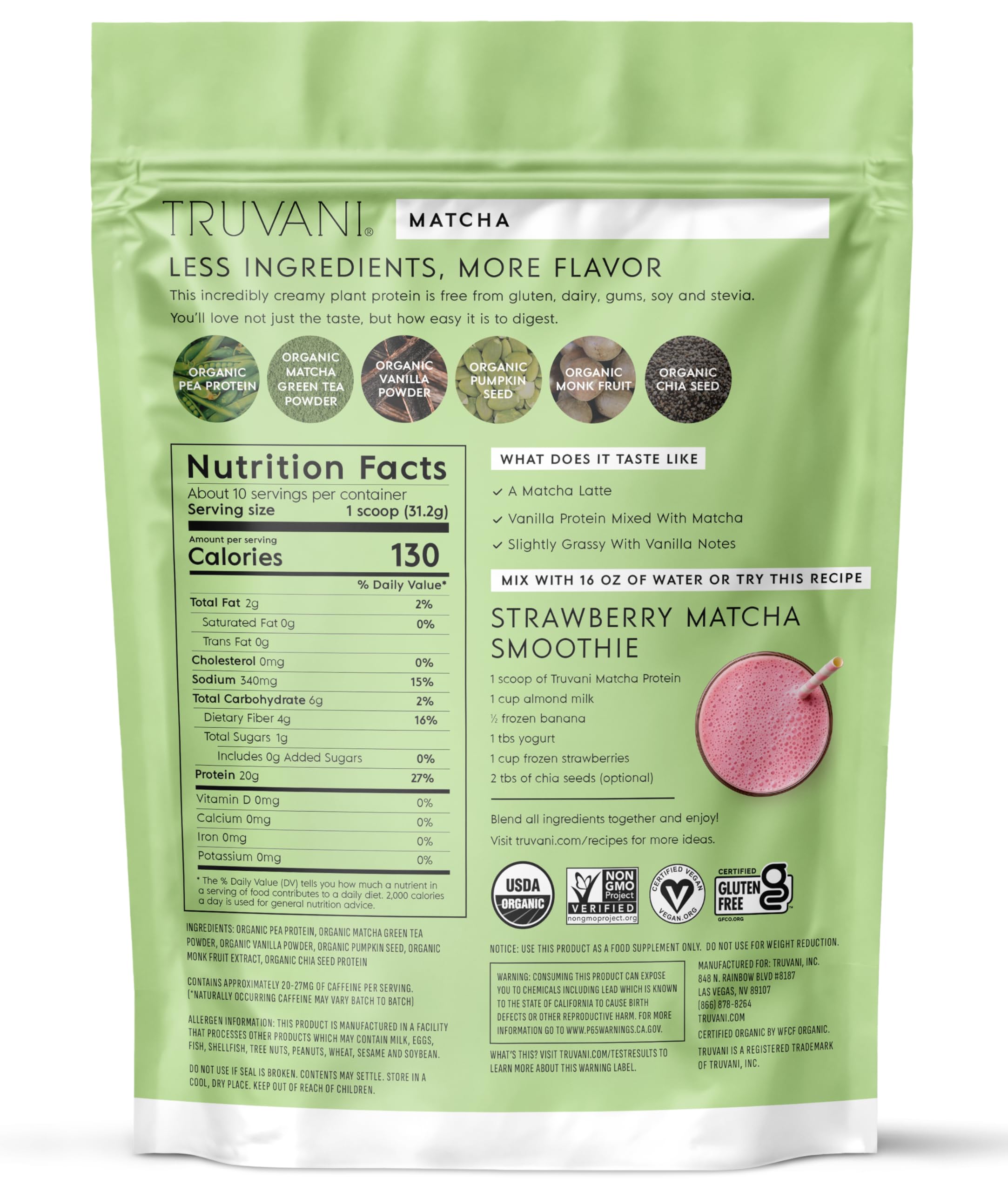 Truvani Organic Plant Based Protein Powder | Vanilla Chai | 10 Servings | Vegan | 20g Pea Protein | Keto | Gluten & Dairy Free | Low Carb | No Added Sugar