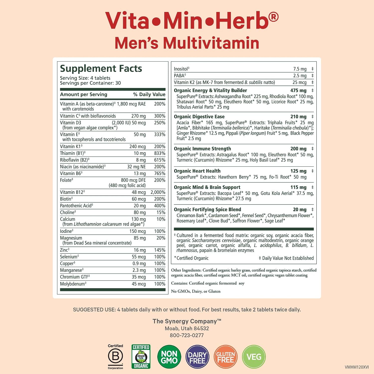 PURE SYNERGY Vita·Min·Herb for Men | Men’s Comprehensive Multivitamin Supplement | Made with Organic Whole Food Non-GMO Ingredients | Daily Energy & Immune Support (120 Tablets)