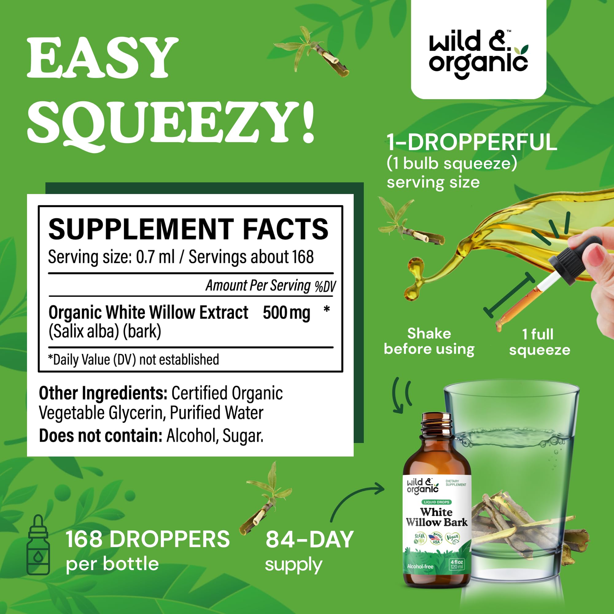 Wild & Organic White Willow Bark Tincture - Liquid Supplement for Overall Support - Alcohol & Sugar-Free White Willow Extract Drops - Salix Alba Bark - Vegan, No Additives - 4 fl oz