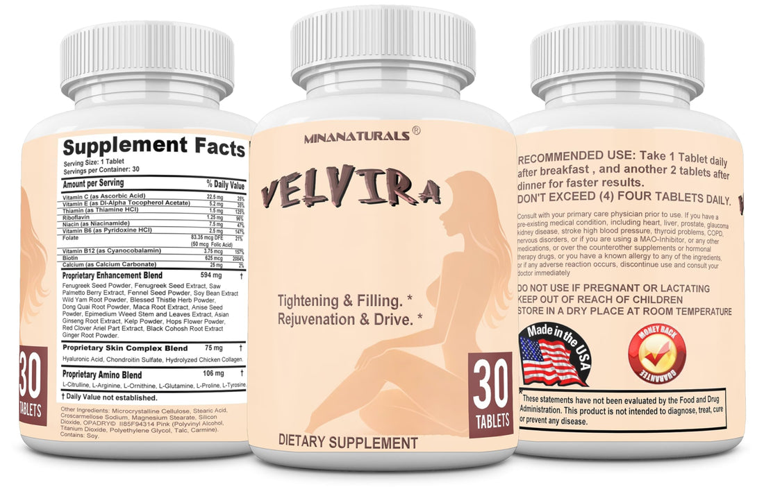 Minanaturals Velvira dietary supplement bottle on a white background