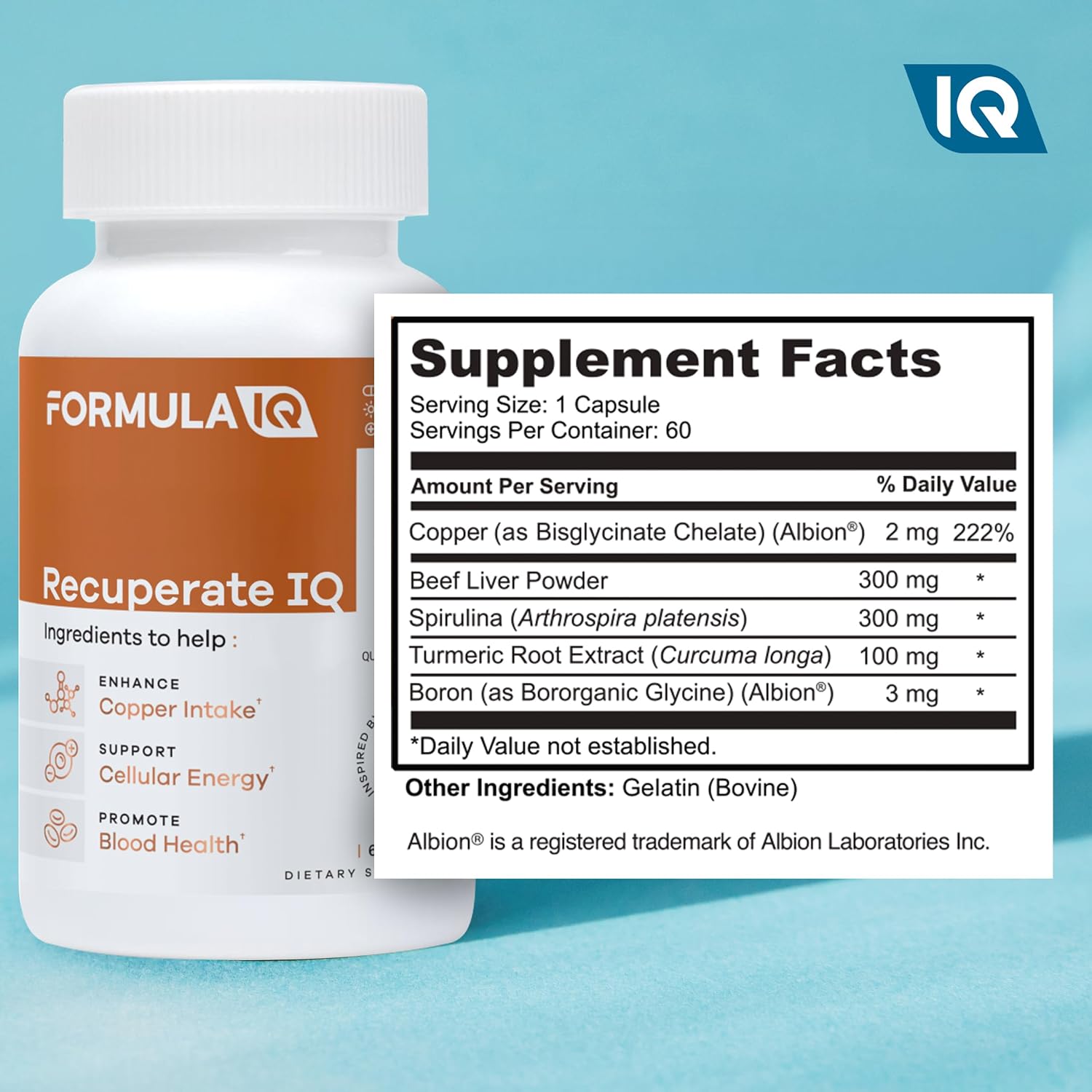 Formula IQ - Recuperate IQ - 5-in-1 Copper Supplements with Copper Bisglycinate - Easy-to-Swallow 2 mg Capsules - High Absorption, Boosts Energy - 60 Capsules