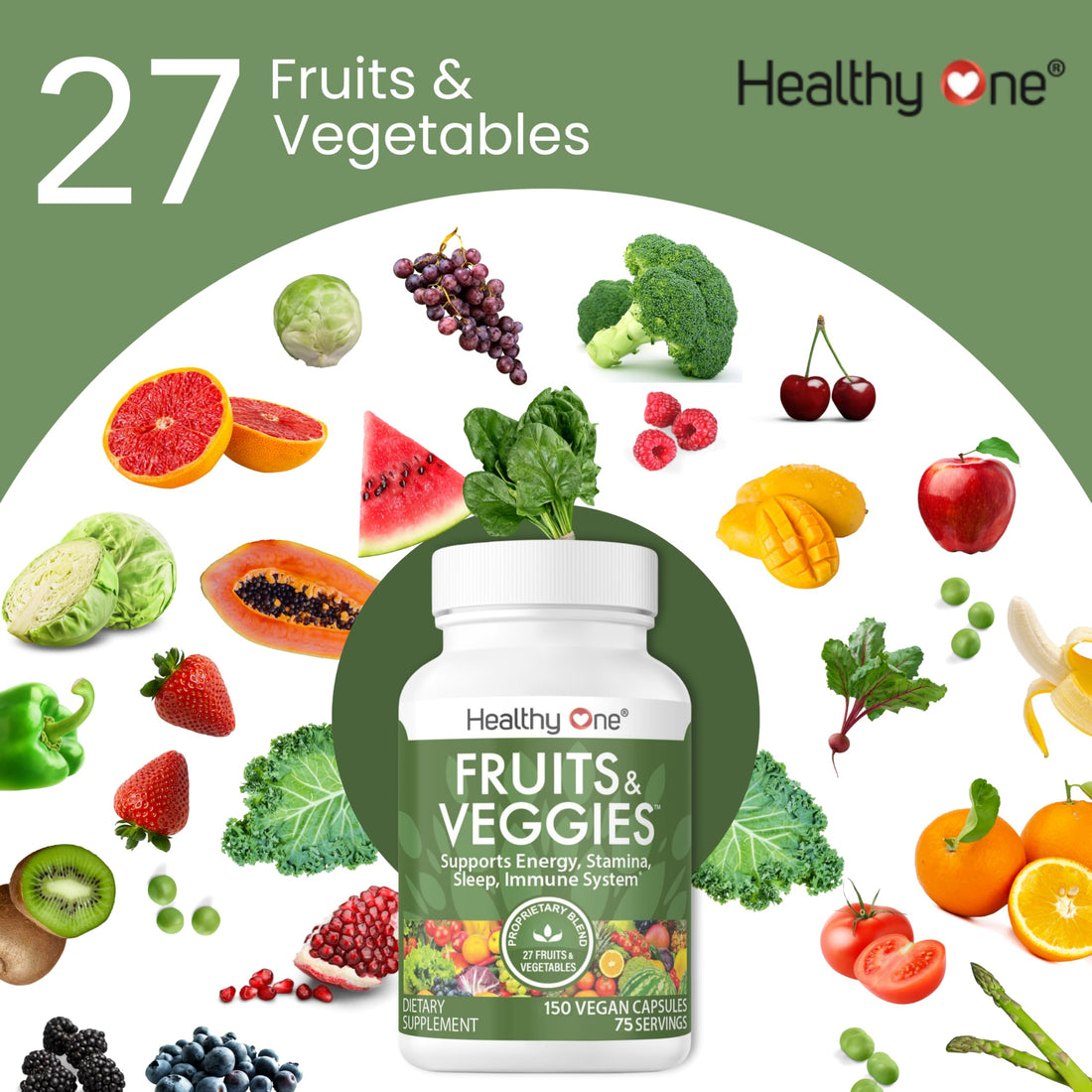 Supplement bottle labeled 'Fruits & Veggies' by Healthy One with fruits and vegetables on a white background