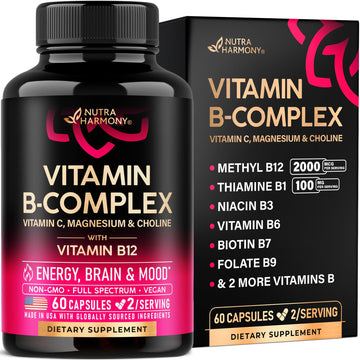 Vitamin B Complex for Men & Women - Riboflavin B2, B12, B1, B3, B5, B6, B7, B8, B9 | Vitamin C, Choline, Inositol - B-Complex Supplement