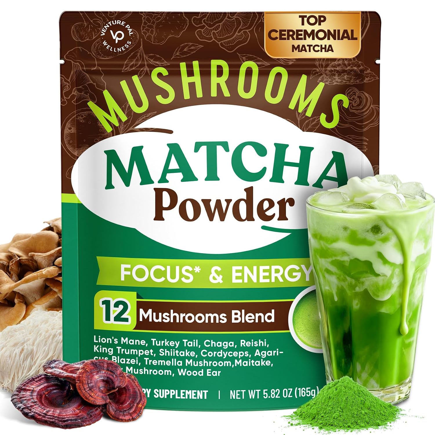 Venture Pal Ceremonial Grade Mushroom Matcha Powder + Venture Pal Calming Powdered Drink Mix - Energy, Relax & Focus - Non GMO & Vegan