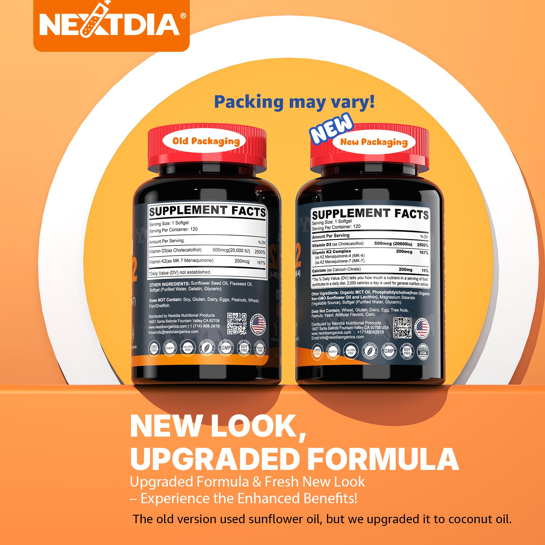 Vitamin D3 20,000 IU + K2 Vitamin (MK4 & MK7) 200mcg + Calcium Citrate, Optimal Vitamin D3 K2 Softgel - Strong Bone & Muscle, Calcium Absorption, Helping Vitamin D Deficiencies, Easy to Swallow, 2Pack