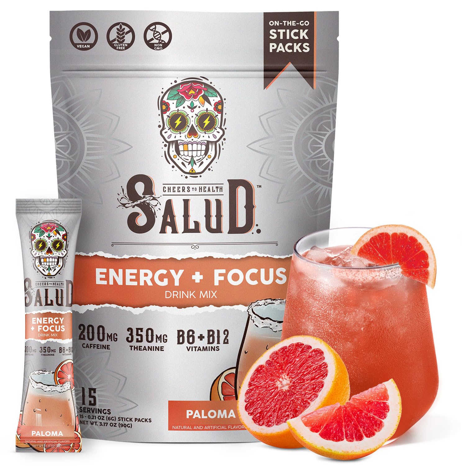 Salud 2-in-1 Energy + Focus Drink Mix, Hibiscus | Organic Caffeine, B6 + B12, Theanine, Clean Energy Packets, Agua Fresca Mix, Non-GMO, Gluten Free, 1g of Sugar (15 Servings)