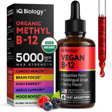 Organic Vitamin B12 Liquid Drops - Sublingual Methylcobalamin 5000 mcg, 2oz | Methylated B-12 Active Coenzyme Form - Energy & Nerve System Support - Berry Flavor - 60 servings