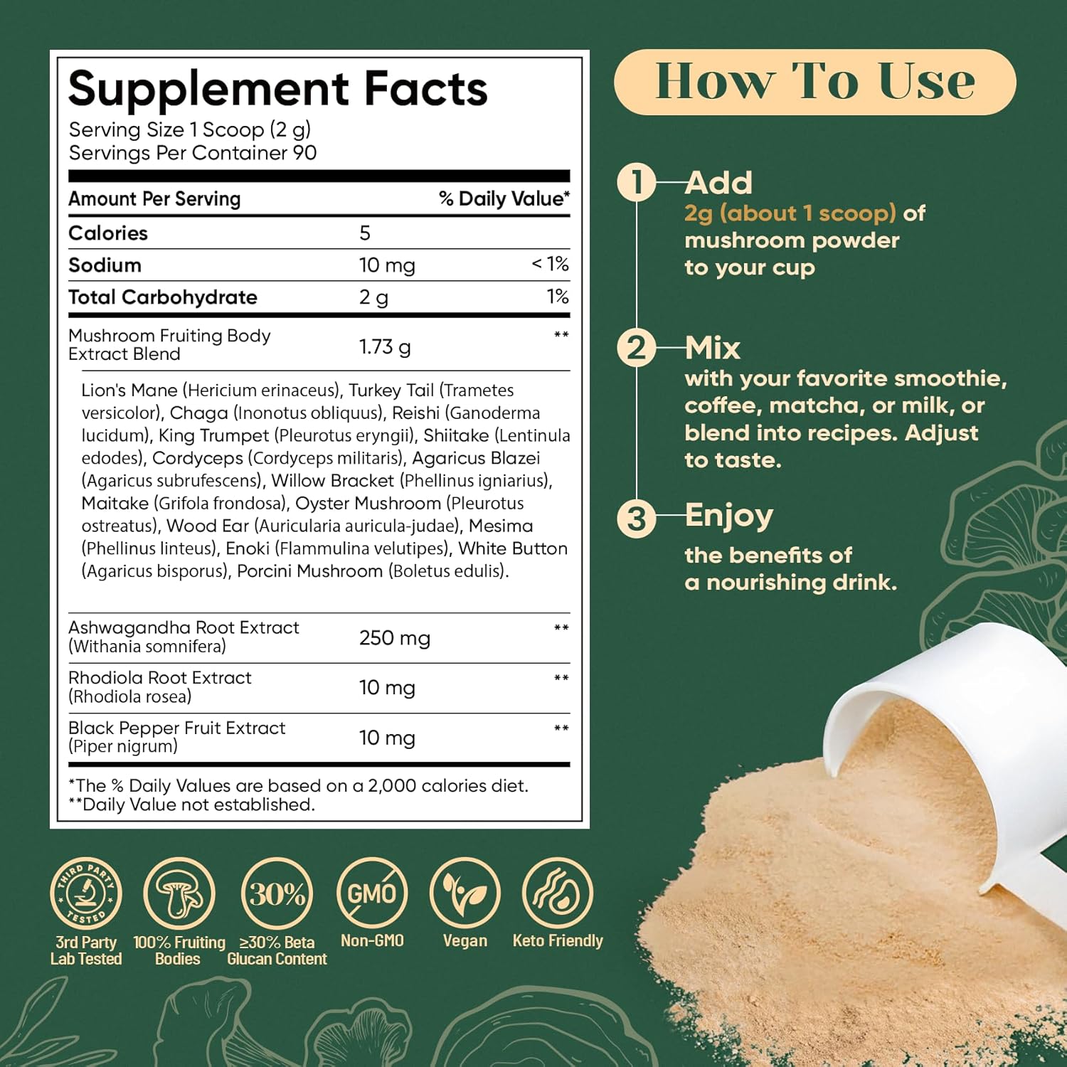Venture Pal 16 in 1 Mushroom Powder 1730mg Adaptogenic Mushrooms Supplement | 100% Fruiting Body Coffee Alternative with Lion's Mane, Chaga, Reishi, Support Immune, Focus & Energy, 90 Servings