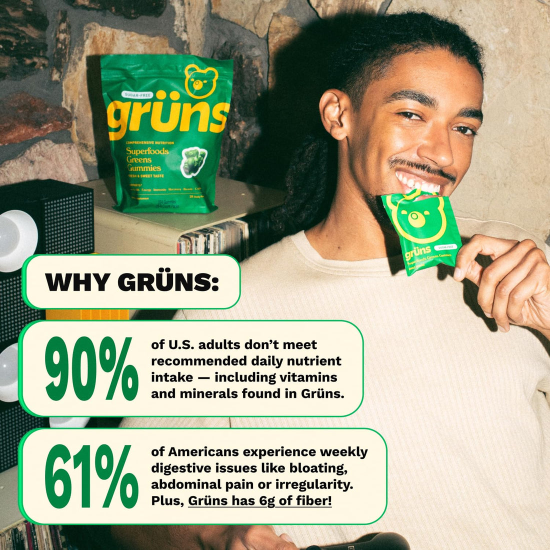 Green package of gröns Superfoods Greens Gummies with text and graphics on a white background