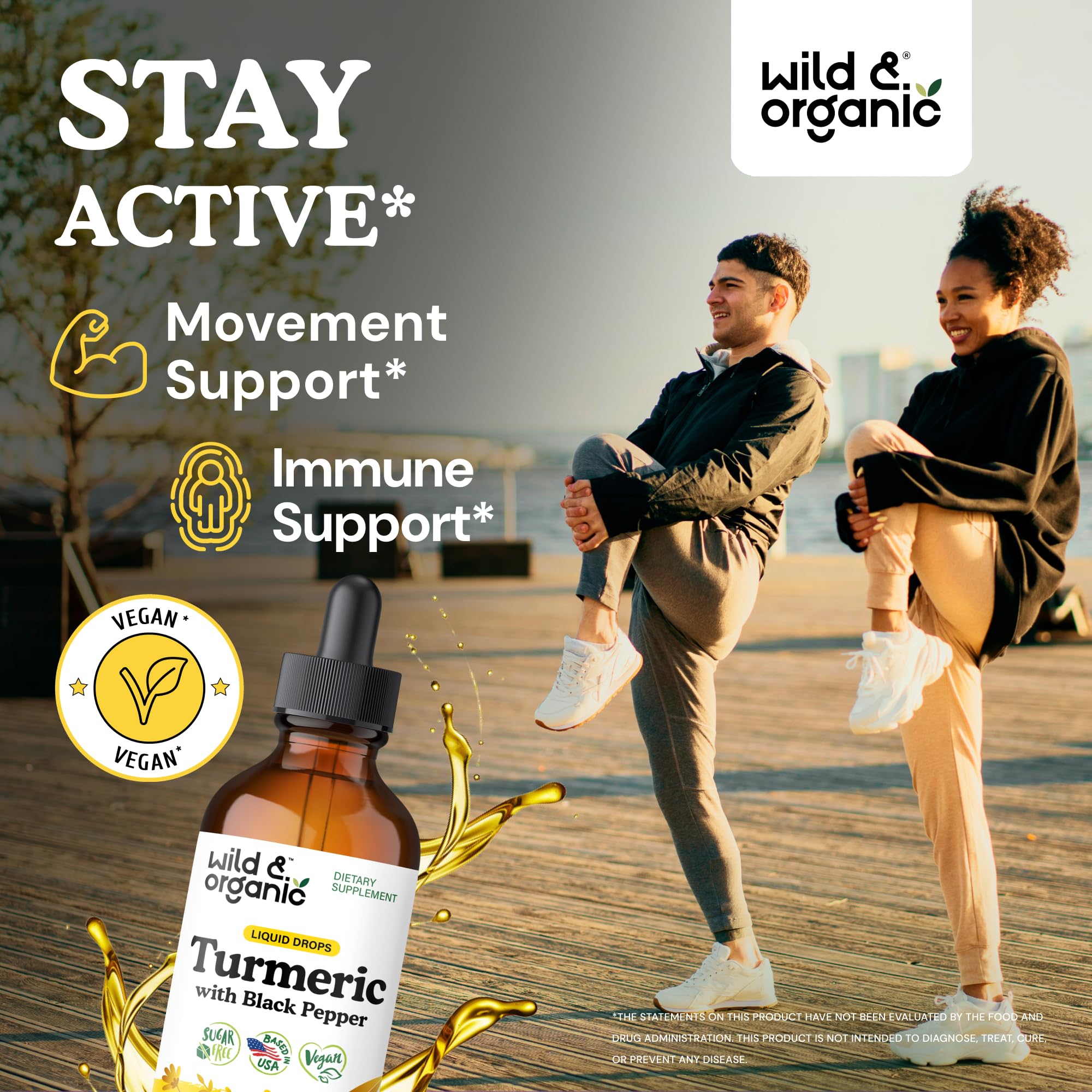 Wild & Organic Turmeric Supplement Liquid Drops - Movement & Immune Support - Liquid Turmeric with Black Pepper Extract - Add to Tea Tincture - Curcumin Supplements - Sugar & Alcohol-Free - 4 fl oz