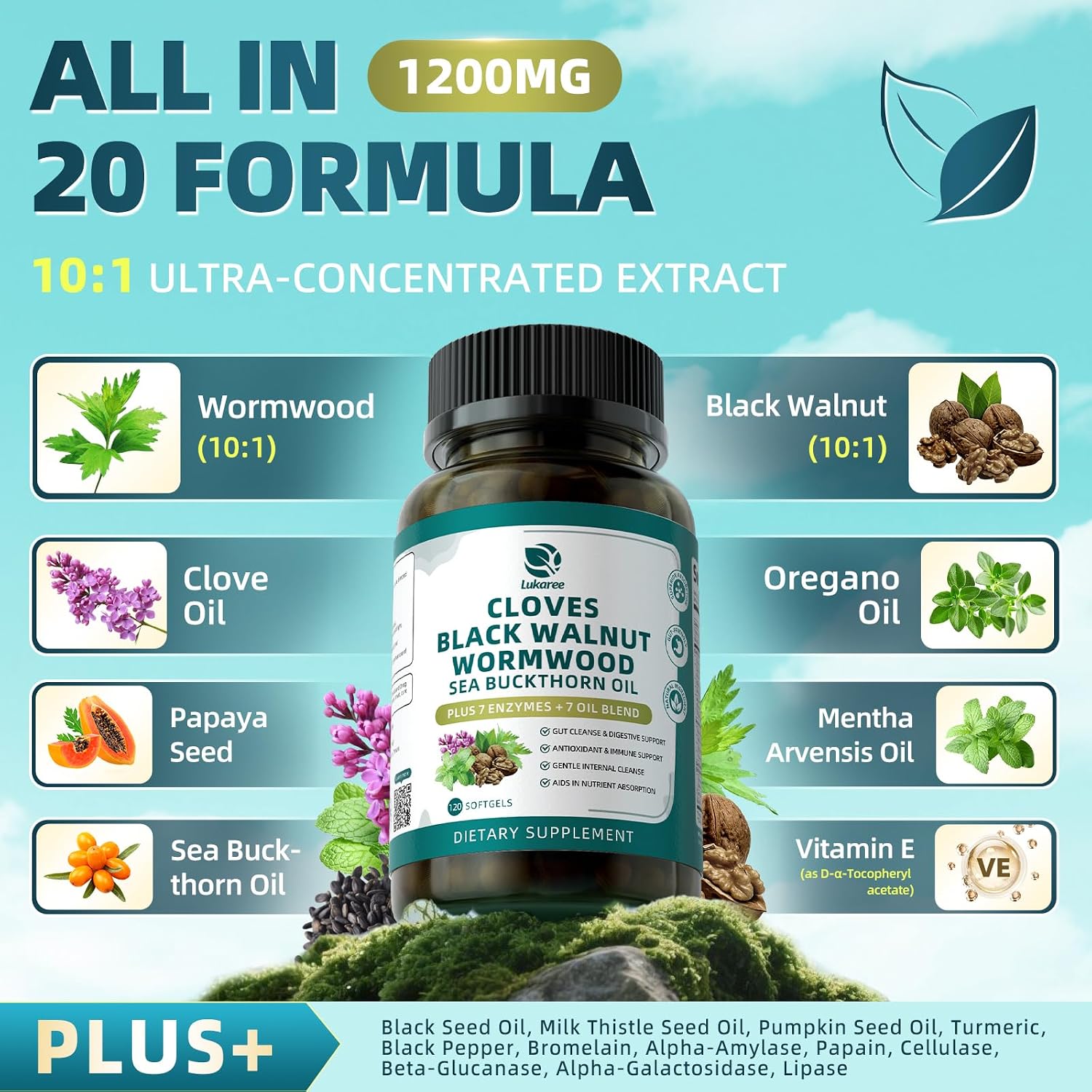 Wormwood Black Walnut Clove Cleanse for Humans Softgels | 20-in-1 Extra Strength | Gut Cleanse & Digestive Health w/ 7 Oils & 7 Enzymes| Concentrated, Men & Women Natural Herb -120 CT