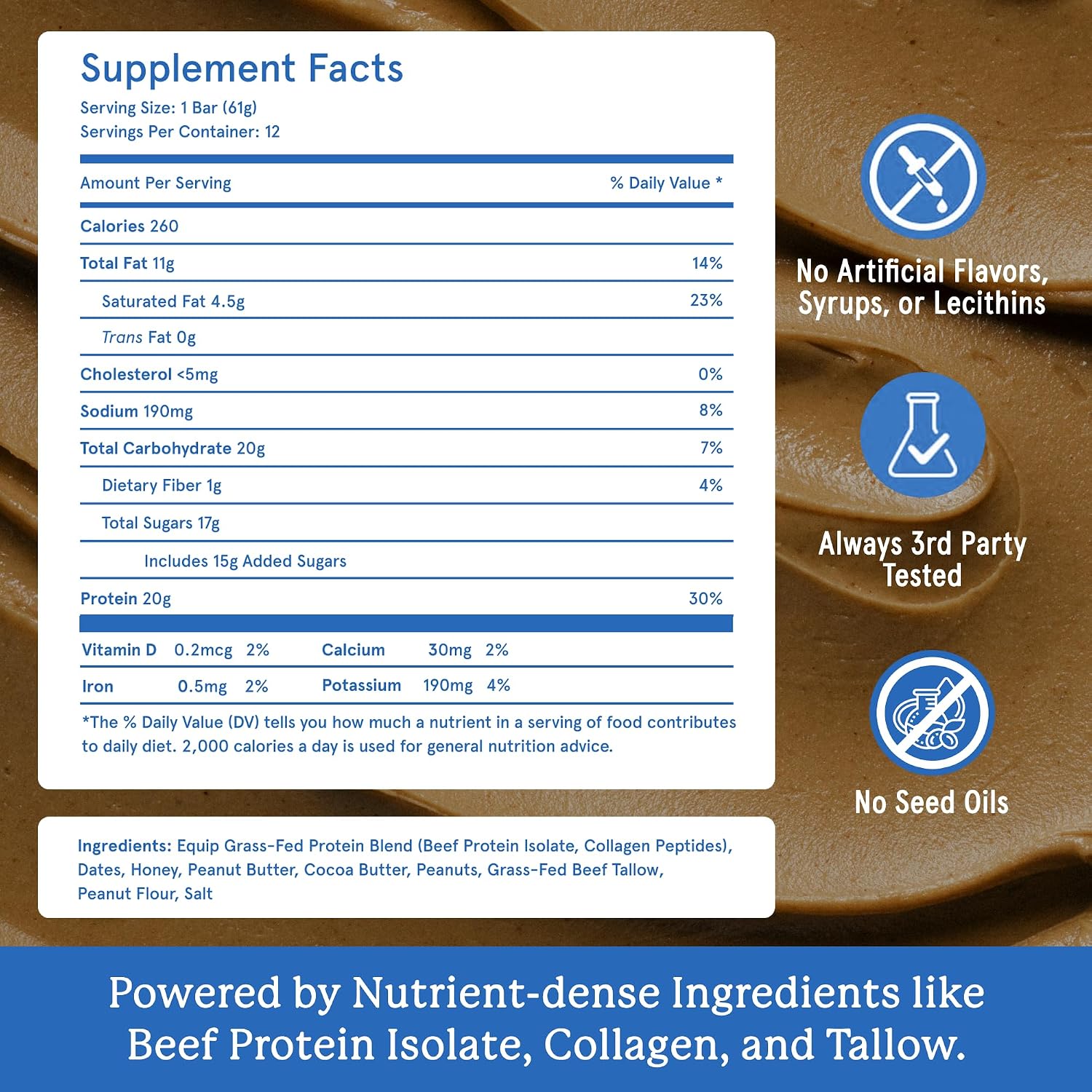 Equip Foods High Protein Prime Bars – Grass Fed Beef Protein, Collagen & Tallow – Gut Friendly, Gluten Free 20g Protein Bars - Only Real-Food Ingredients - On-the Go Snack - Peanut Butter, 12 Count