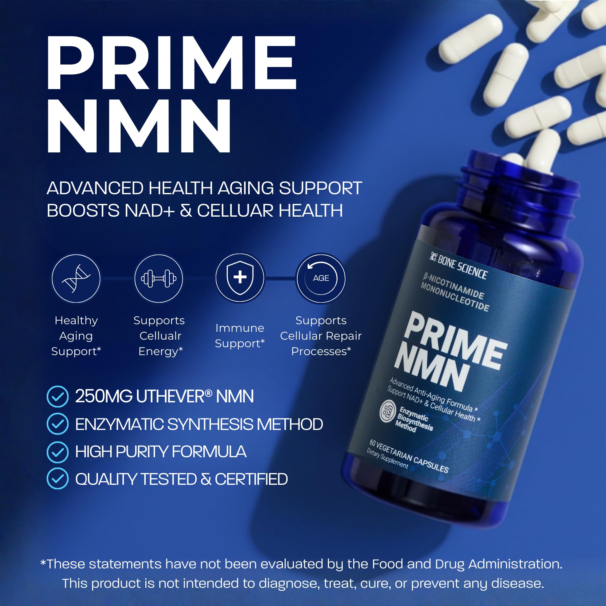 BONE SCIENCE Uthever NMN & Pterostilbene 6-in-1 Complex with Resveratrol, Glutathione & BioPerine - High Purity Stabilized NAD+ Precursor for Healthy Aging & Cellular Energy - 72 Vegetarian Capsules