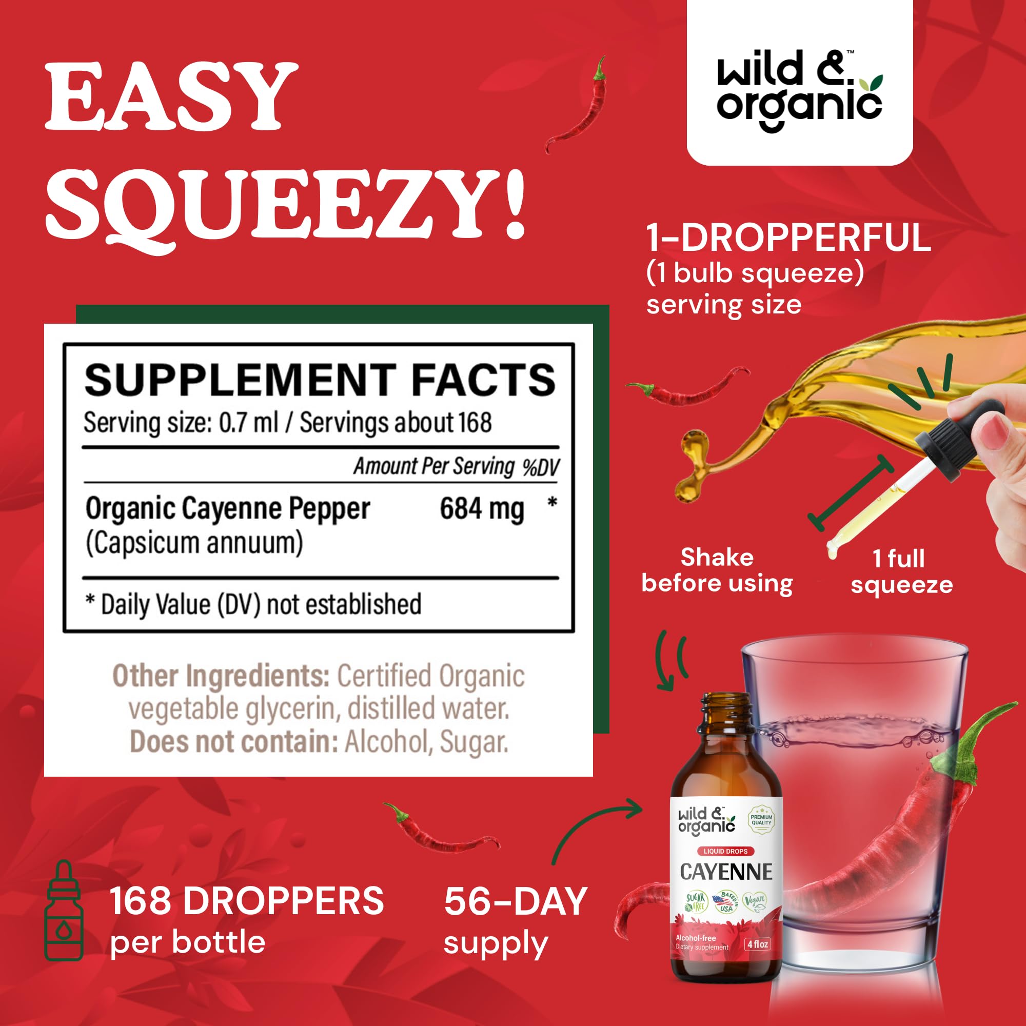 Wild & Organic Cayenne Pepper Drops - Antioxidant & Digestive Support - Capsaicin Supplements - Fast Absorbing Liquid Cayenne Pepper Extract Tincture - No Spicy Aftertaste, Alcohol-Free - 4 fl oz