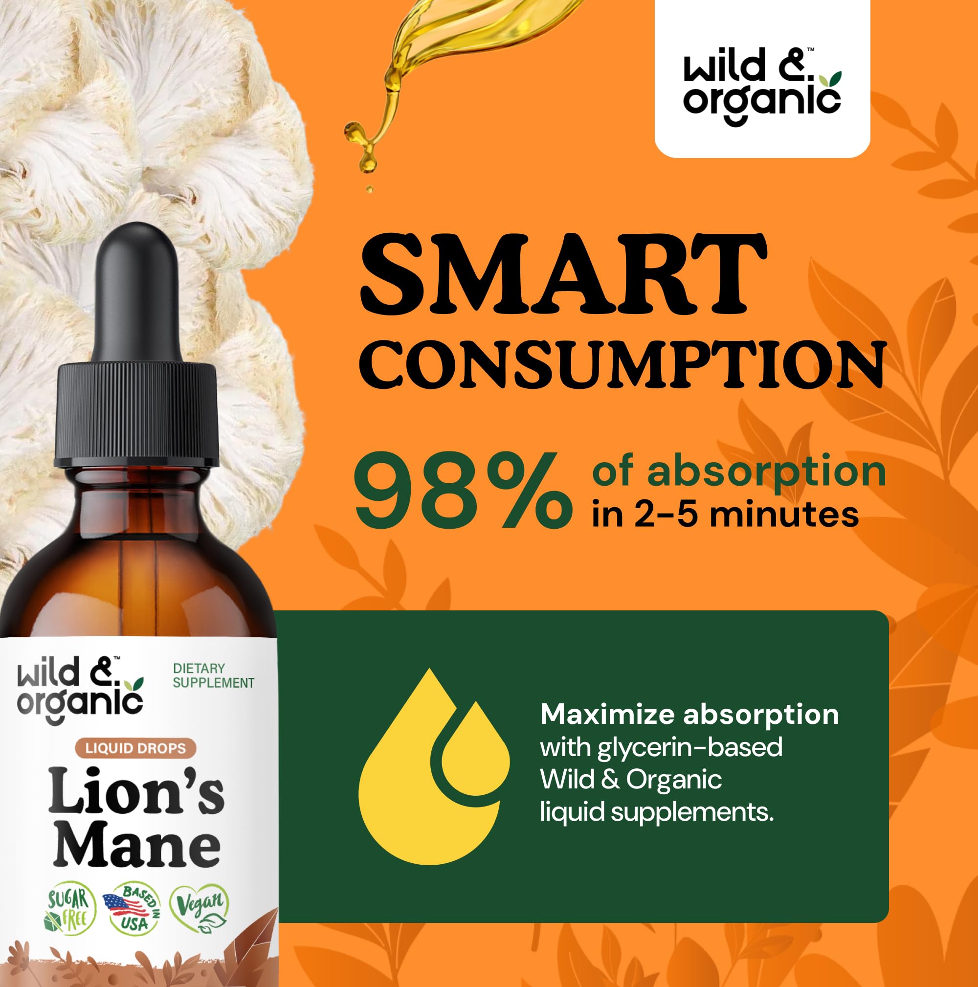 Wild & Organic Lions Mane Liquid Drops - Brain & Focus Support - Lion's Mane Mushroom Supplement - Hericium Erinaceus Mushroom Drops - Mix with Powder - Sugar & Alcohol-Free Extract Tincture - 4 oz