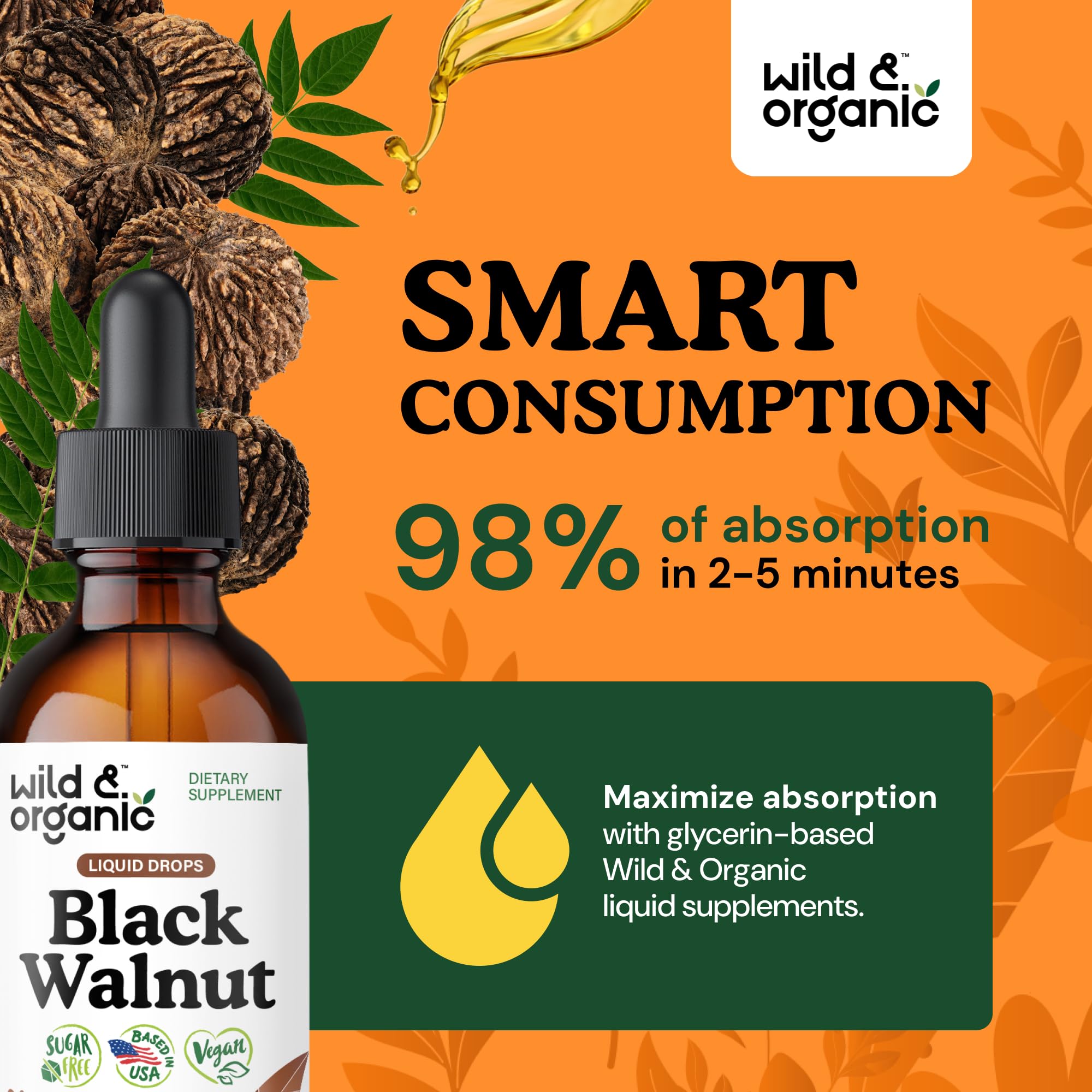 Wild & Organic Black Walnut Hull Tincture - Cleanse & Gut Support - Black Walnut Extract Supplement - Fast Absorption Liquid Drops - Add to Tea & Mix with Powder - Without Alcohol & Sugar - 4 fl oz