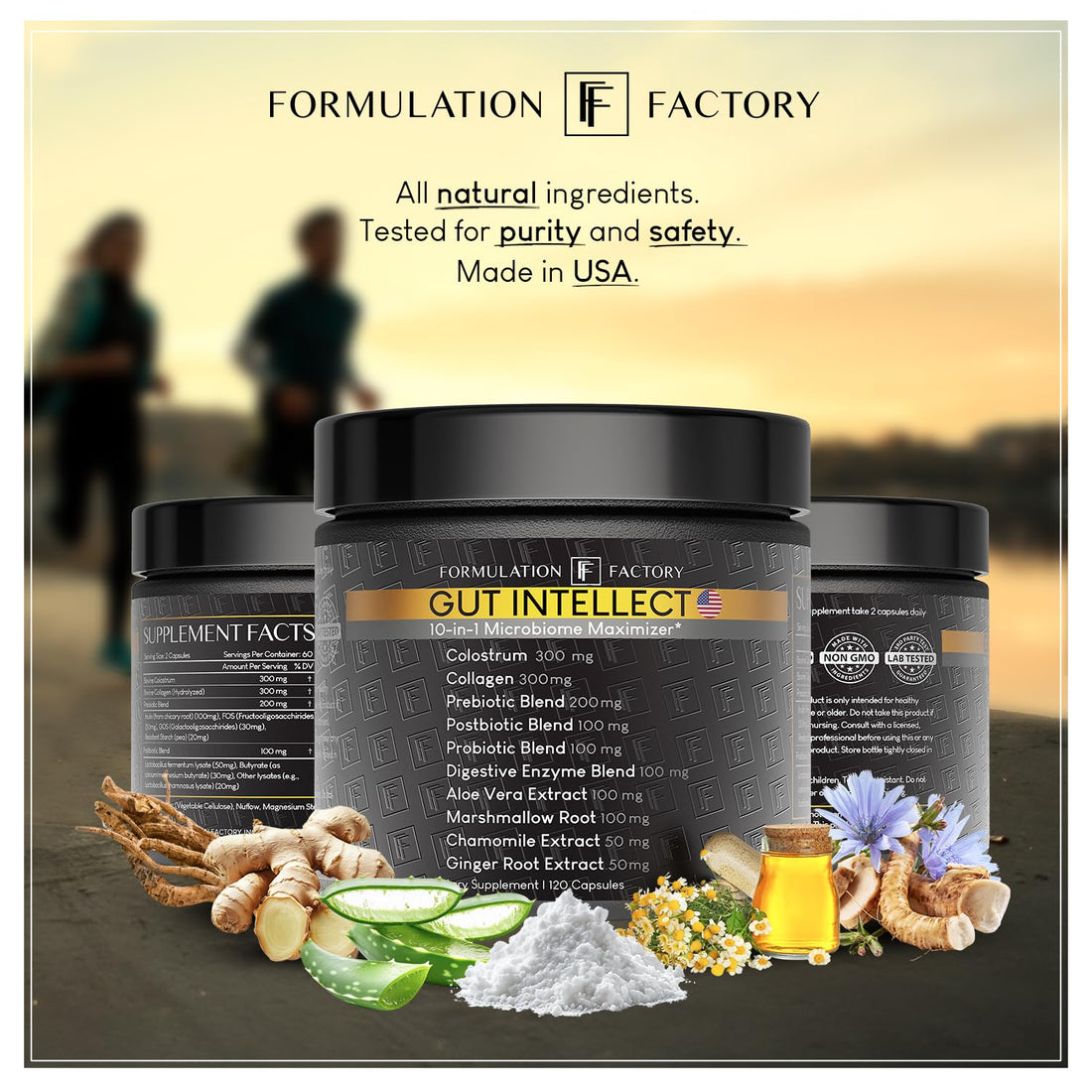 Supplement jar labeled 'Gut Intellect' with packaging in the background