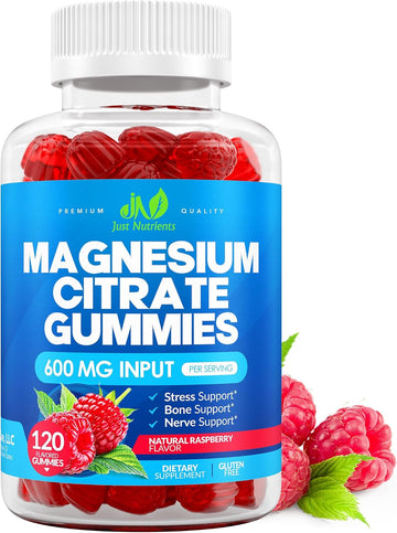 Magnesium Citrate 600mg Gummies (120 Count) - Maximum Strength, Supports Calm, Bone, Heart & Nerve Health - Gluten-Free, Non-GMO, Vegetarian, Great Tasting Raspberry Flavor - 60 Servings