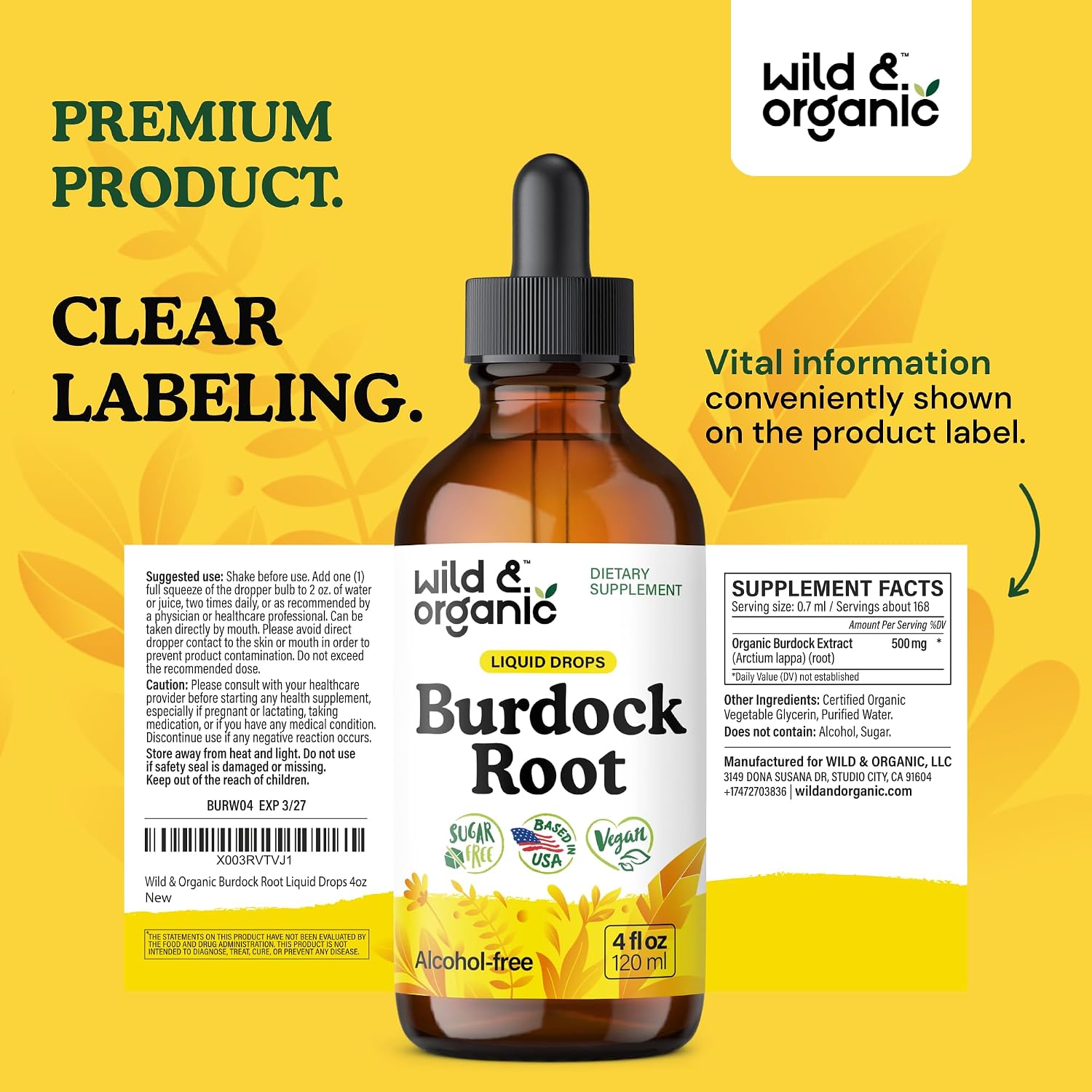 Wild & Organic Burdock Root Tincture - Antioxidant, Detox & Lymphatic Support - Burdock Root Extract Drops - Arctium Lappa Herb Supplement - Add to Tea - Vegan, Sugar & Alcohol-Free - 4 fl oz